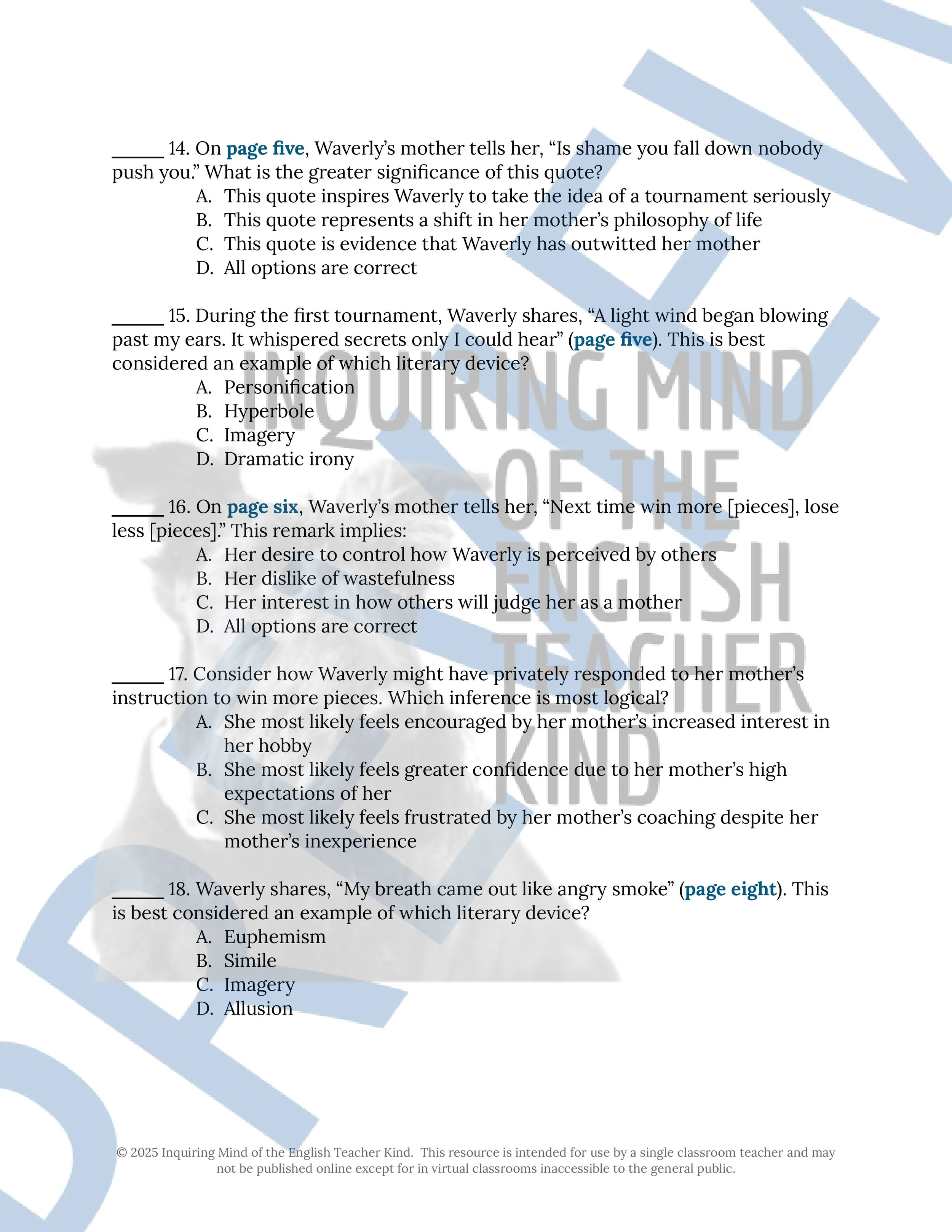 "Rules of the Game" by Amy Tan Quiz, Close Reading Worksheet, Vocabulary Activities, and Answer Keys for High School from Inquiring Mind of the English Teacher Kind