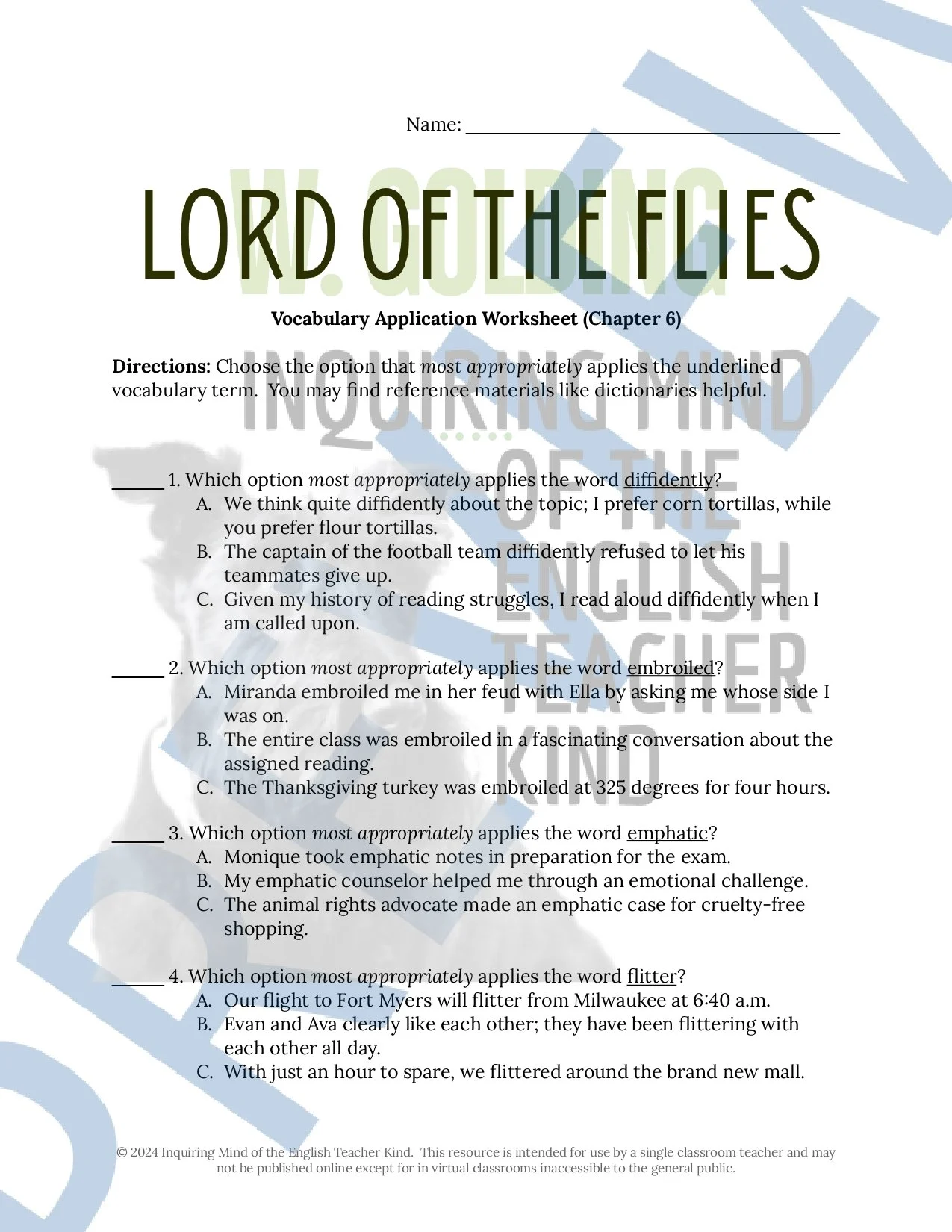 Lord of the Flies Vocabulary Development Games and Activities for High School