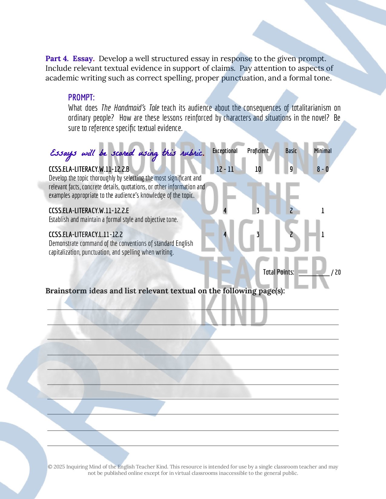 The Handmaid's Tale by Margaret Atwood Test, Answer Key, and Study Guide for High School from Inquiring Mind of the English Teacher Kind