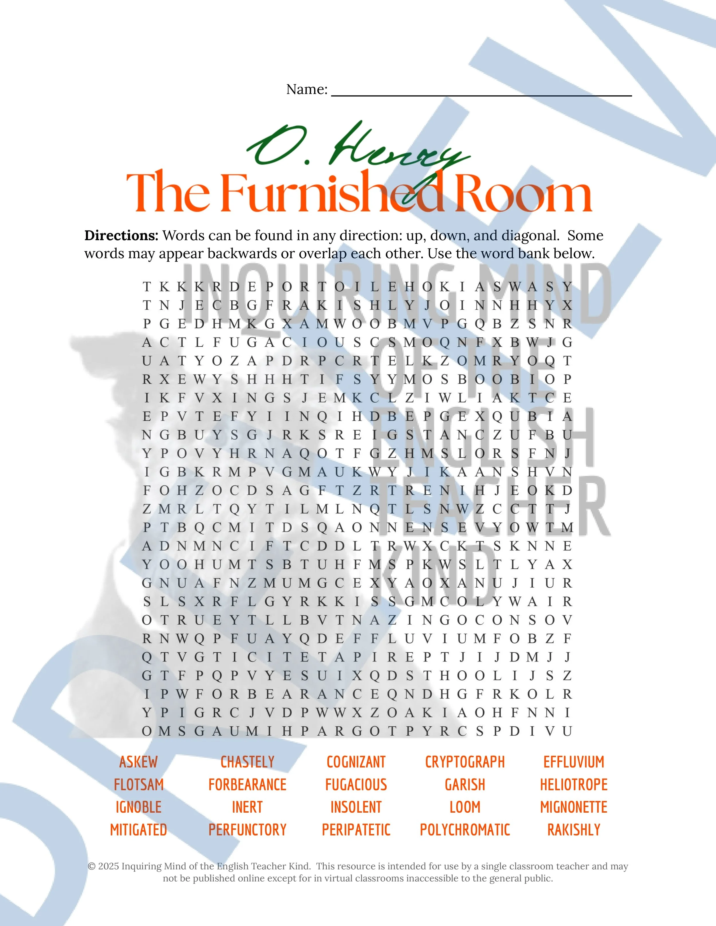 "The Furnished Room" by O. Henry Quiz, Literary Analysis Worksheet, and Vocabulary Activities for High School from Inquiring Mind of the English Teacher Kind