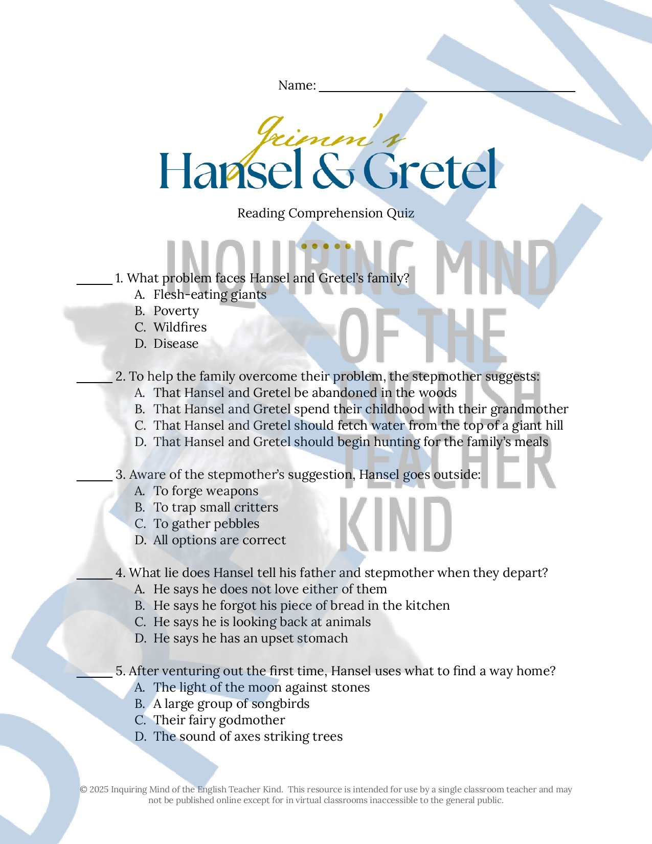 "Hansel and Gretel" a Grimm's Fairy Tale Quiz, Close Reading Worksheet, Vocabulary Games, and Answer Keys from Inquiring Mind of the English Teacher Kind