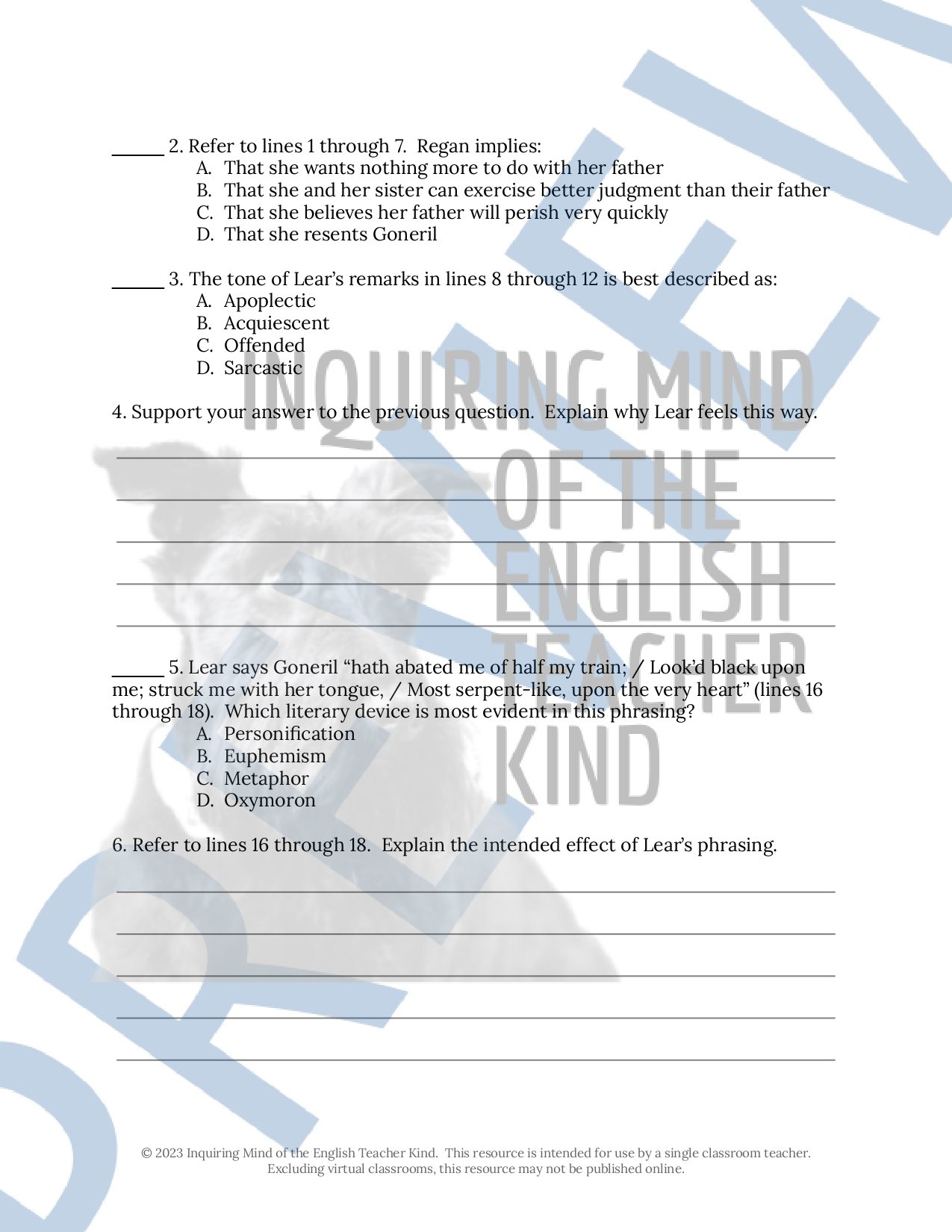 Shakespeare's King Lear Act 2 Quiz, Vocabulary Games, Close Reading Inference Worksheets, and Answer Keys for High School by Inquiring Mind of the English Teacher Kind