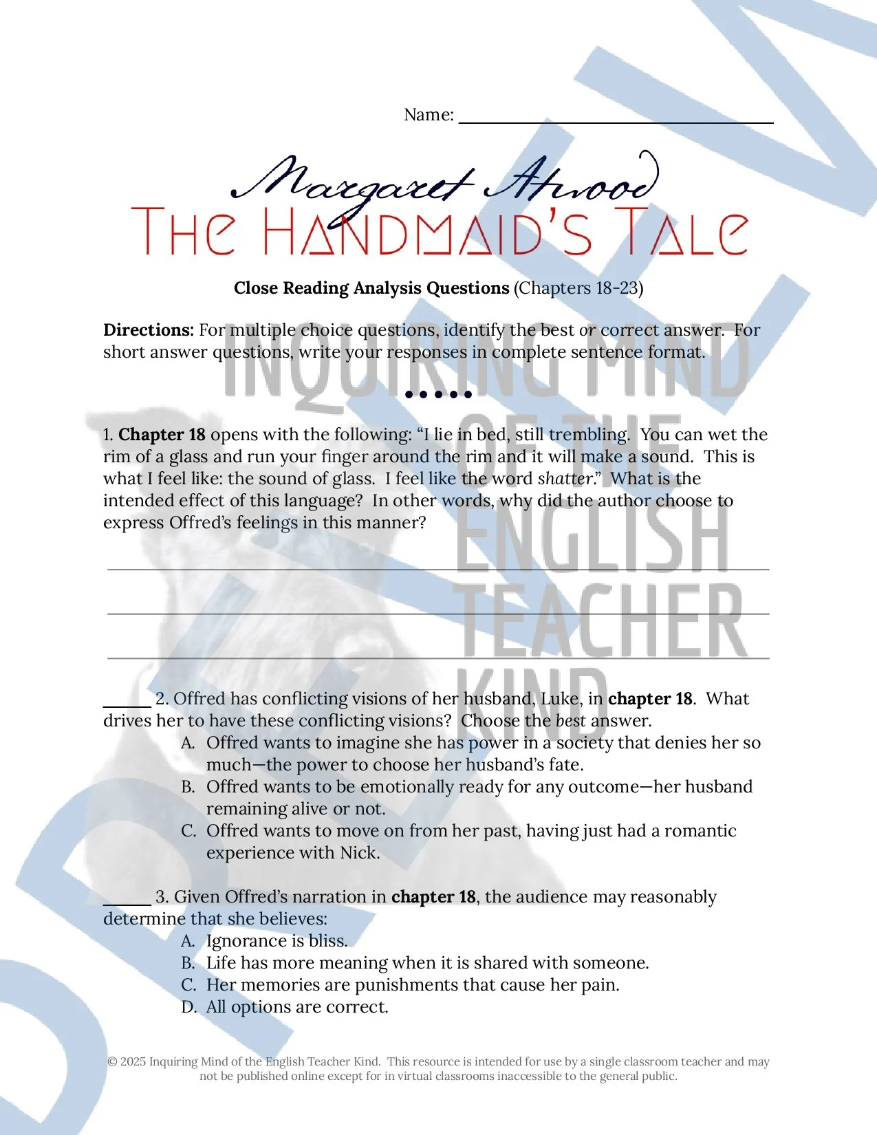 The Handmaid's Tale by Margaret Atwood Close Reading Analysis Worksheets and Answer Keys for High School from Inquiring Mind of the English Teacher Kind