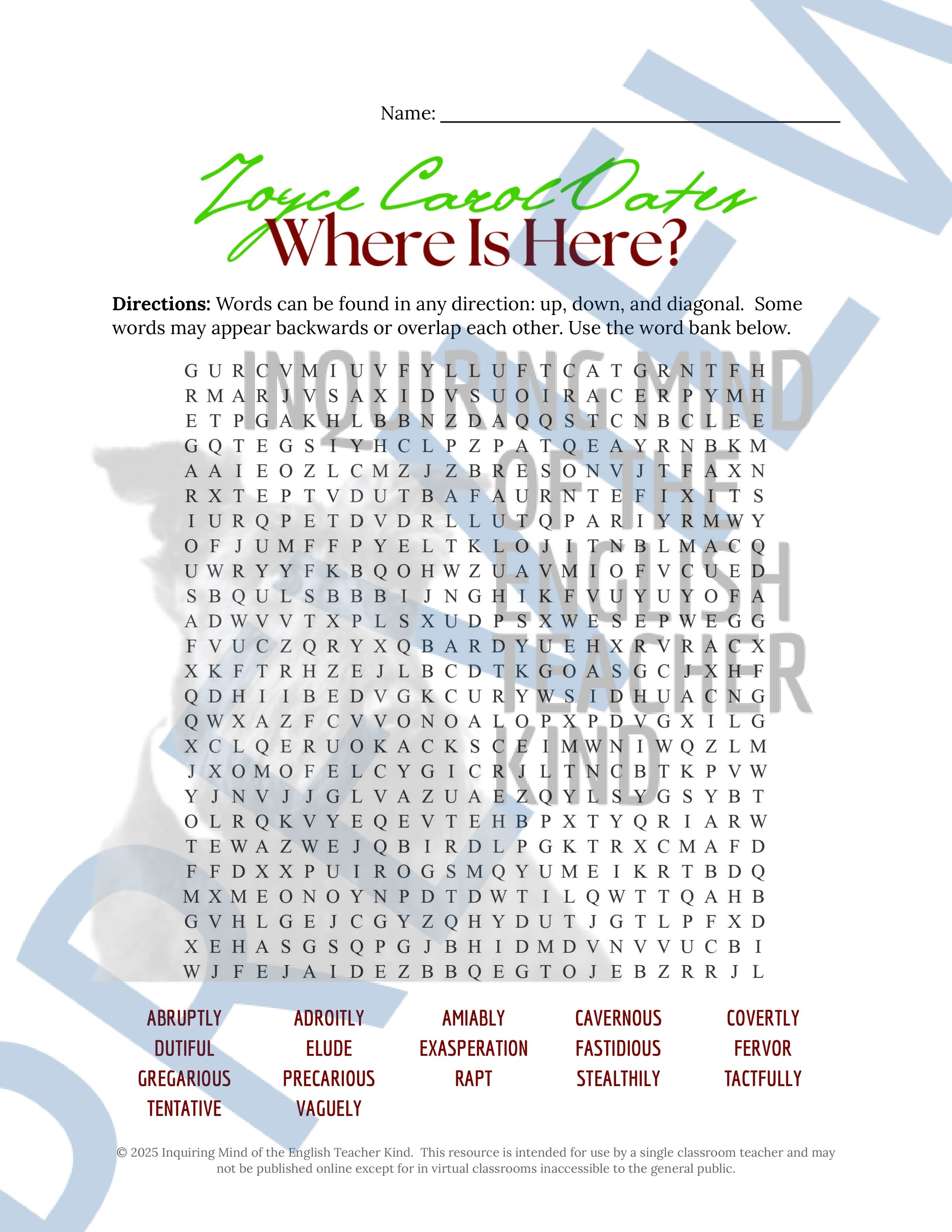"Where Is Here?" by Joyce Carol Oates Quiz, Close Reading Analysis Worksheet, Vocabulary Activities, and Answer Keys for High School from Inquiring Mind of the English Teacher Kind