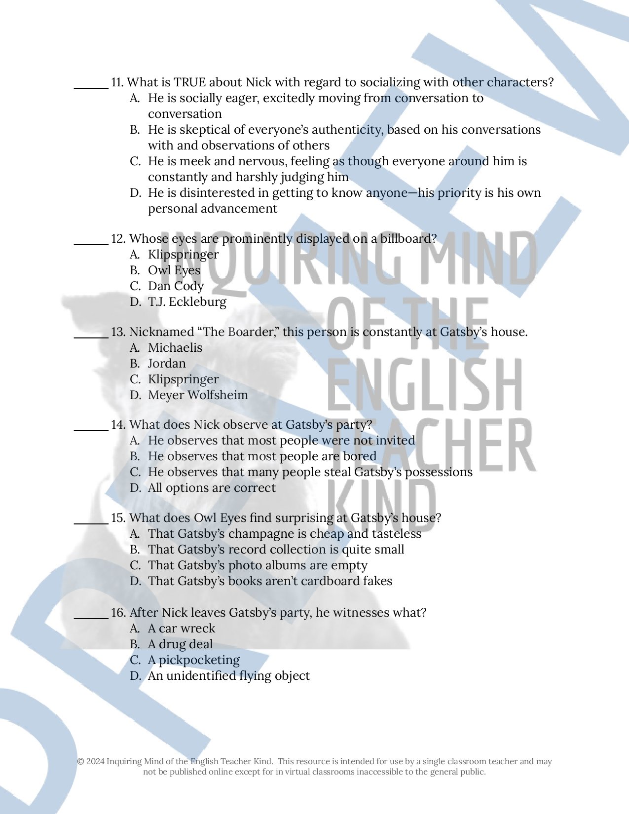 The Great Gatsby by F. Scott Fitzgerald Test, Answer Key, and Study Guide for High School