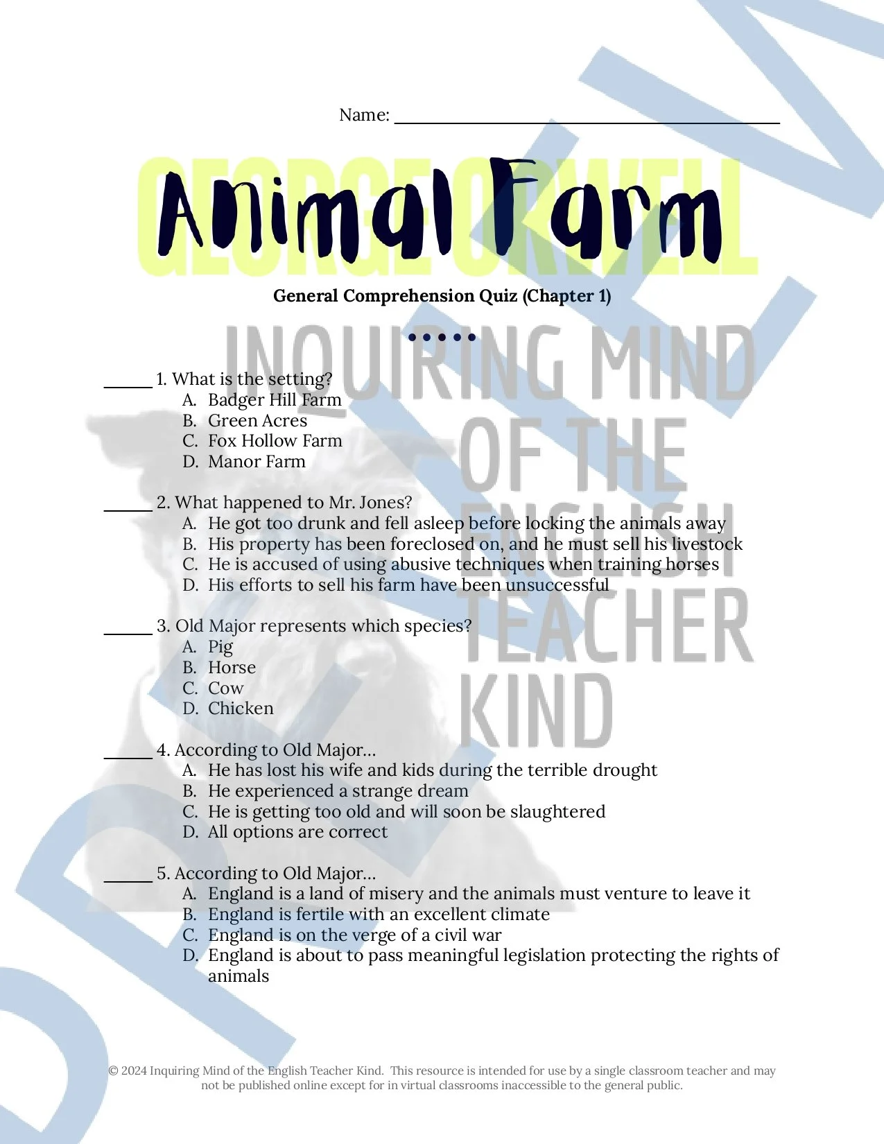 Animal Farm by George Orwell Quizzes, Inference Worksheets, Vocabulary Games, Project, Test, and Answer Keys from Inquiring Mind of the English Teacher Kind