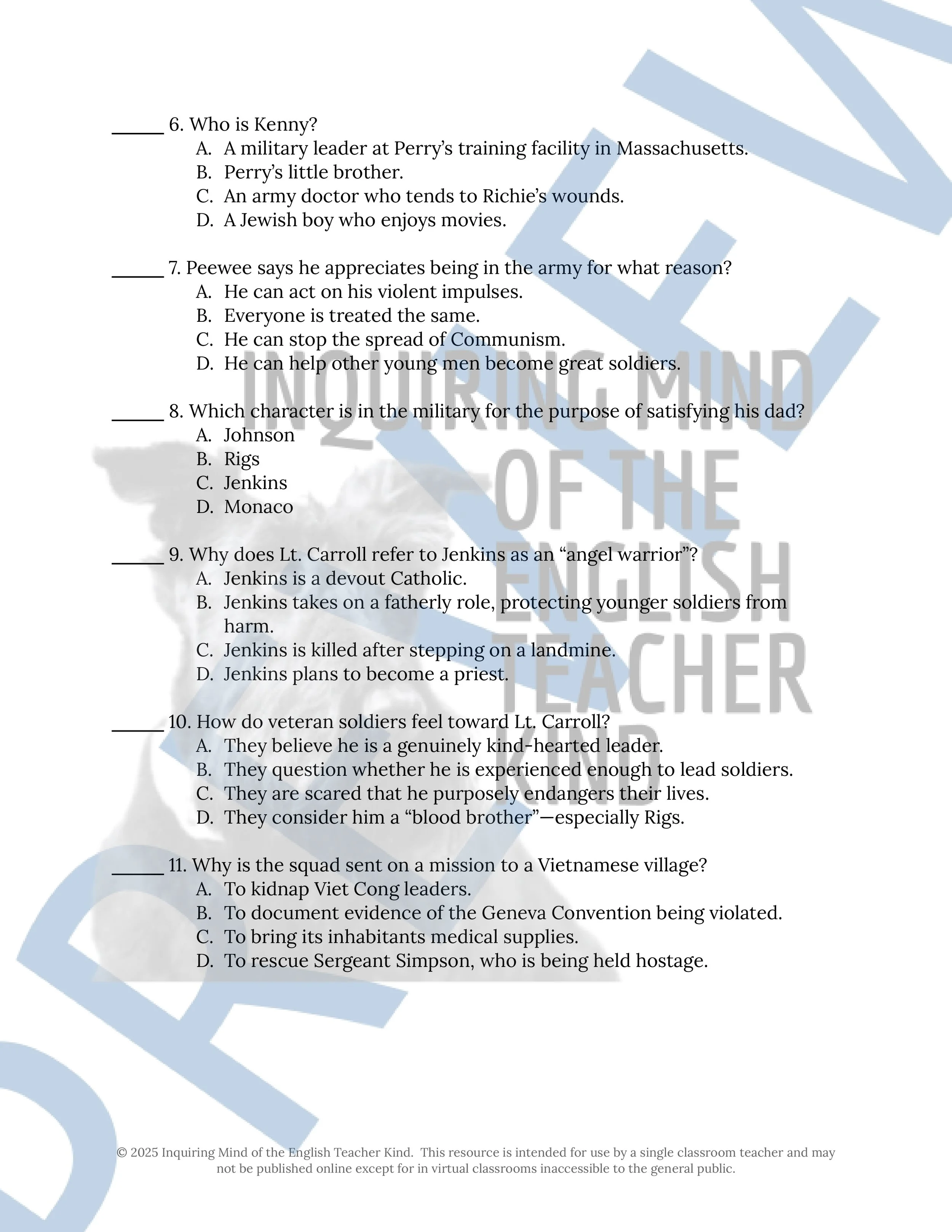 Fallen Angels by Walter Dean Myers Quiz and Answer Key Bundle for High School English Language Arts from Inquiring Mind of the English Teacher Kind