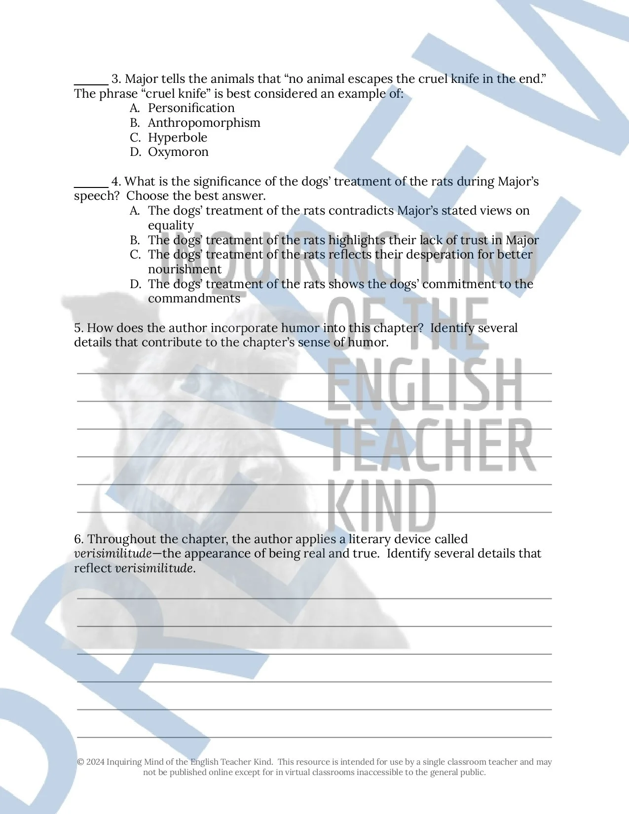 Animal Farm Chapter 1 Quiz, Close Reading Inference Worksheet, and ...