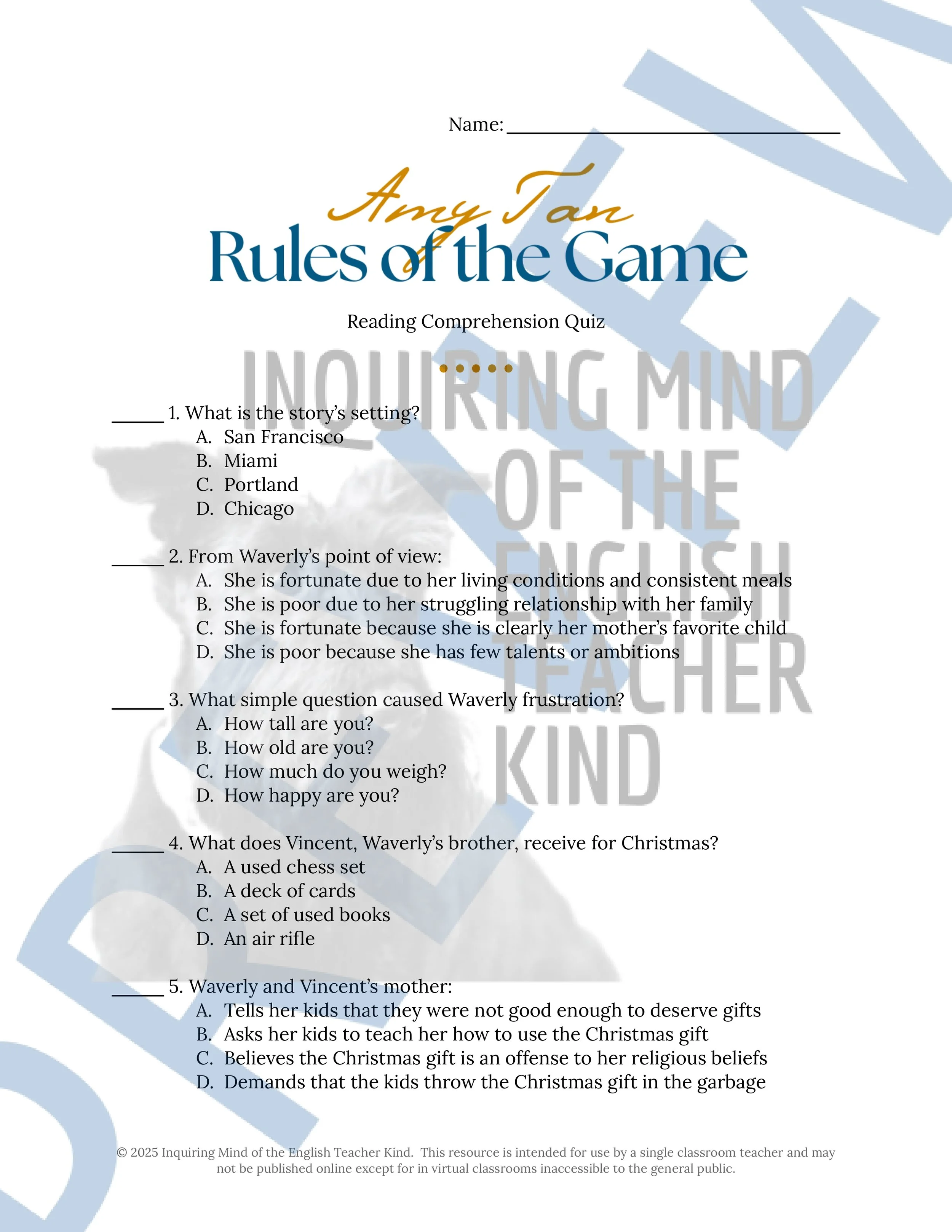"Rules of the Game" by Amy Tan Quiz, Close Reading Worksheet, Vocabulary Activities, and Answer Keys for High School from Inquiring Mind of the English Teacher Kind