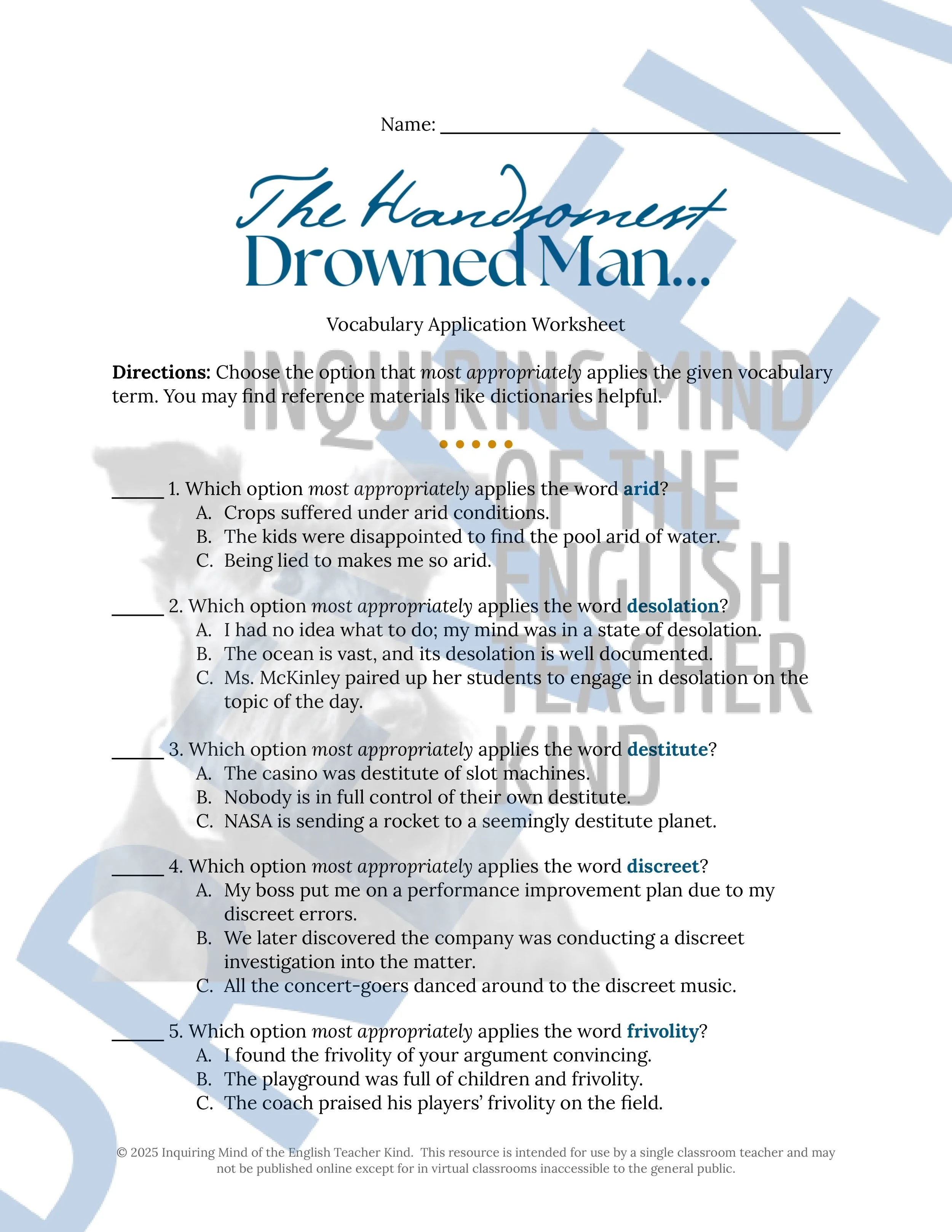 "The Handsomest Drowned Man in the World" by Gabriel Garcia Marquez Quiz, Worksheets, and Vocabulary Games for High School from Inquiring Mind of the English Teacher Kind