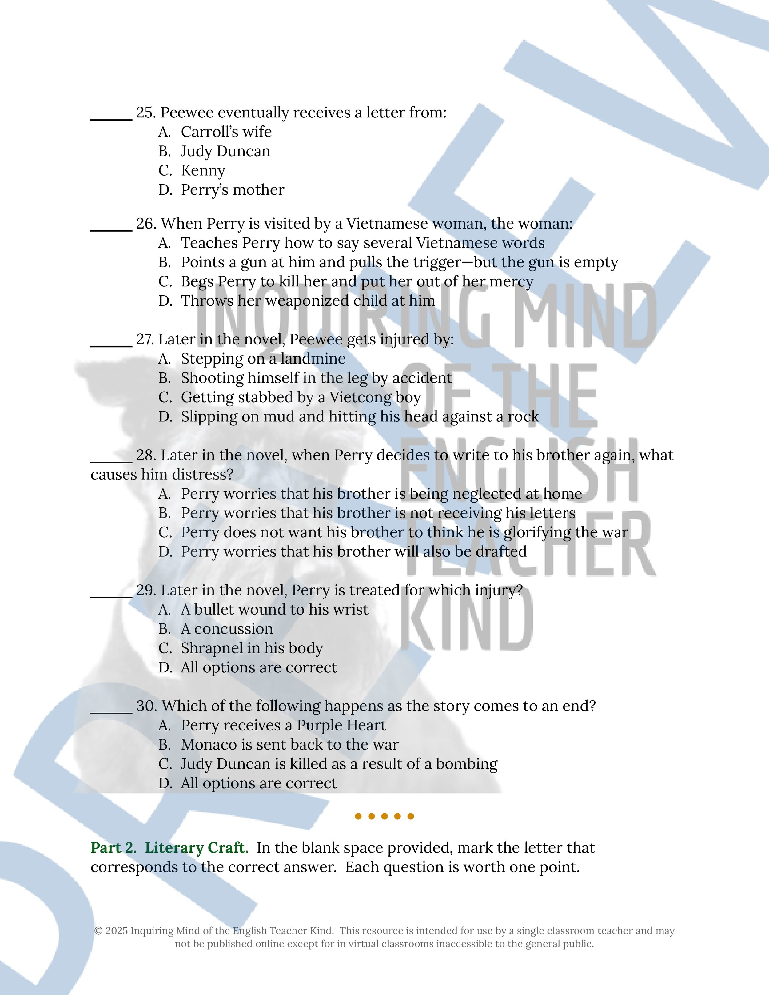 Fallen Angels by Walter Dean Myers Test and Answer Key with a Study Guide for High School English Language Arts from Inquiring Mind of the English Teacher Kind