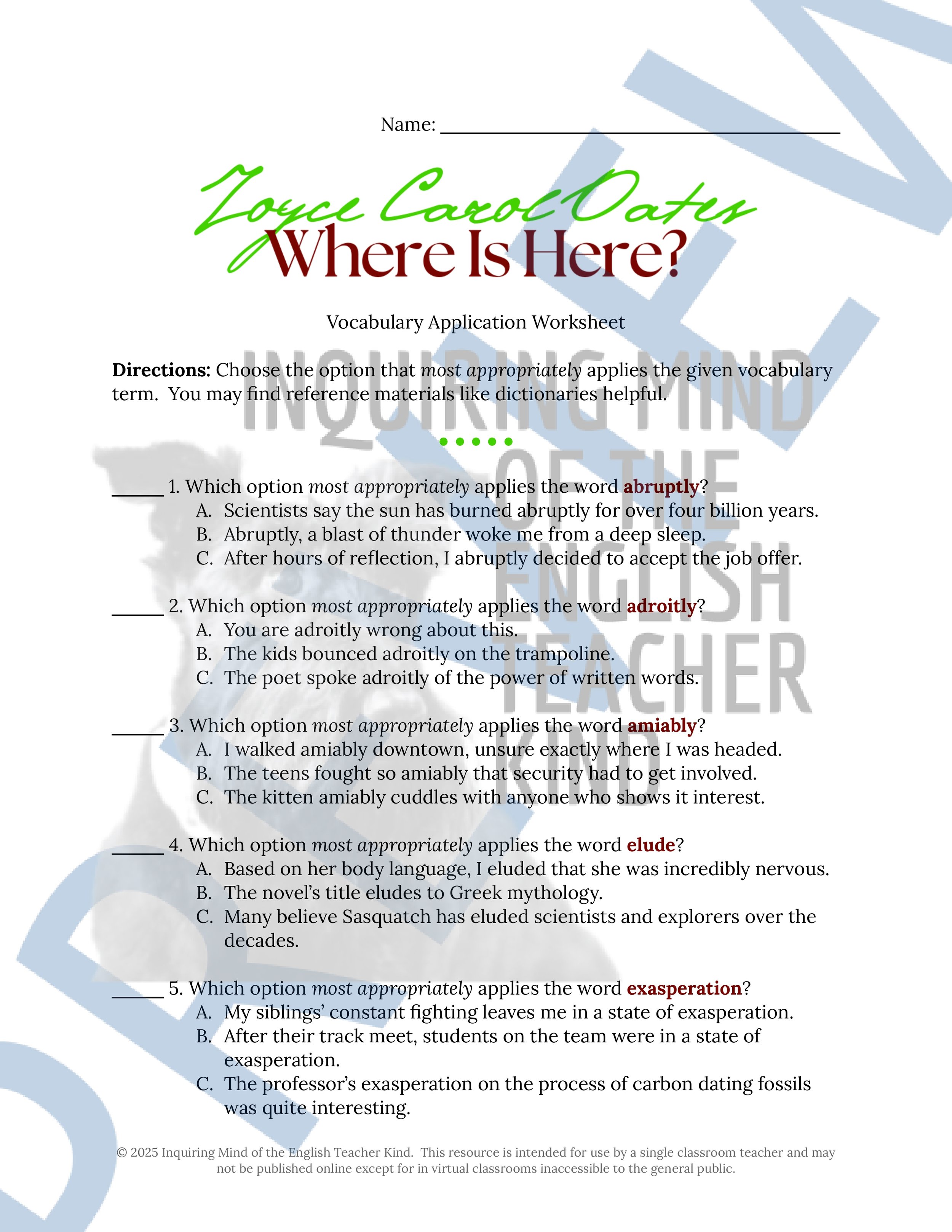 "Where Is Here?" by Joyce Carol Oates Quiz, Close Reading Analysis Worksheet, Vocabulary Activities, and Answer Keys for High School from Inquiring Mind of the English Teacher Kind