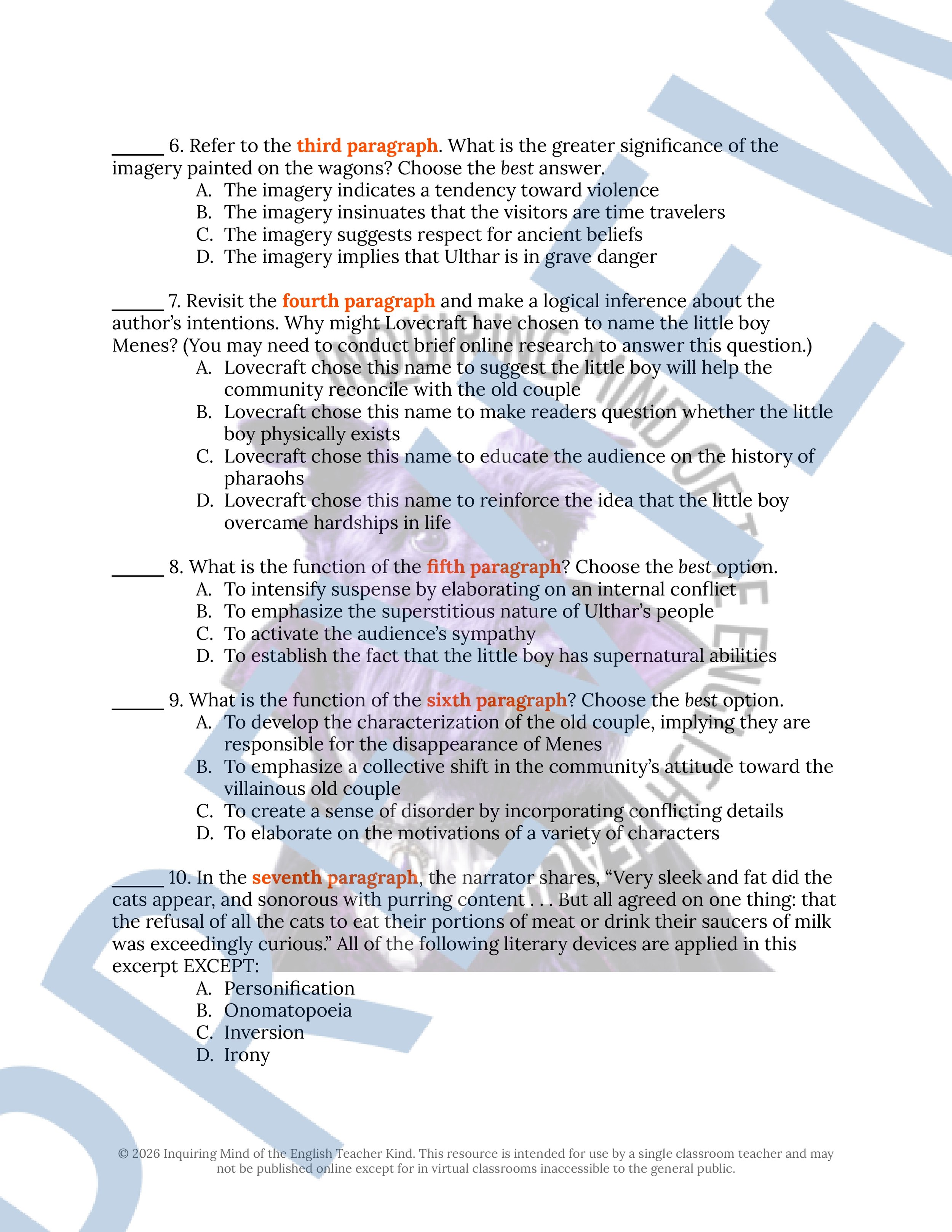 The Cats of Ulthar by H.P. Lovecraft Close Reading Analysis Worksheet (2).jpg