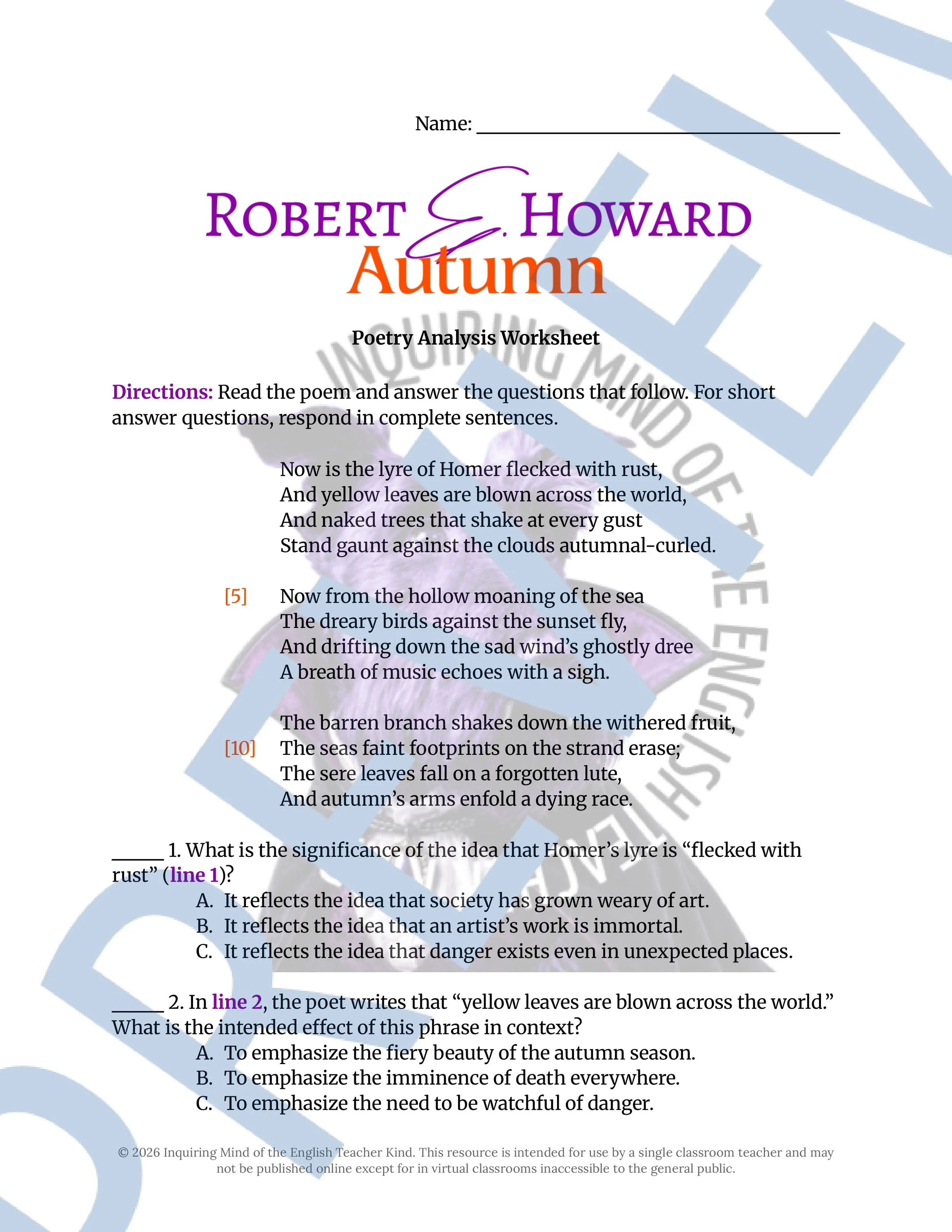 Autumn by Robert E. Howard Poem Analysis Worksheet and Answer Key for High School English and Halloween (1).jpg