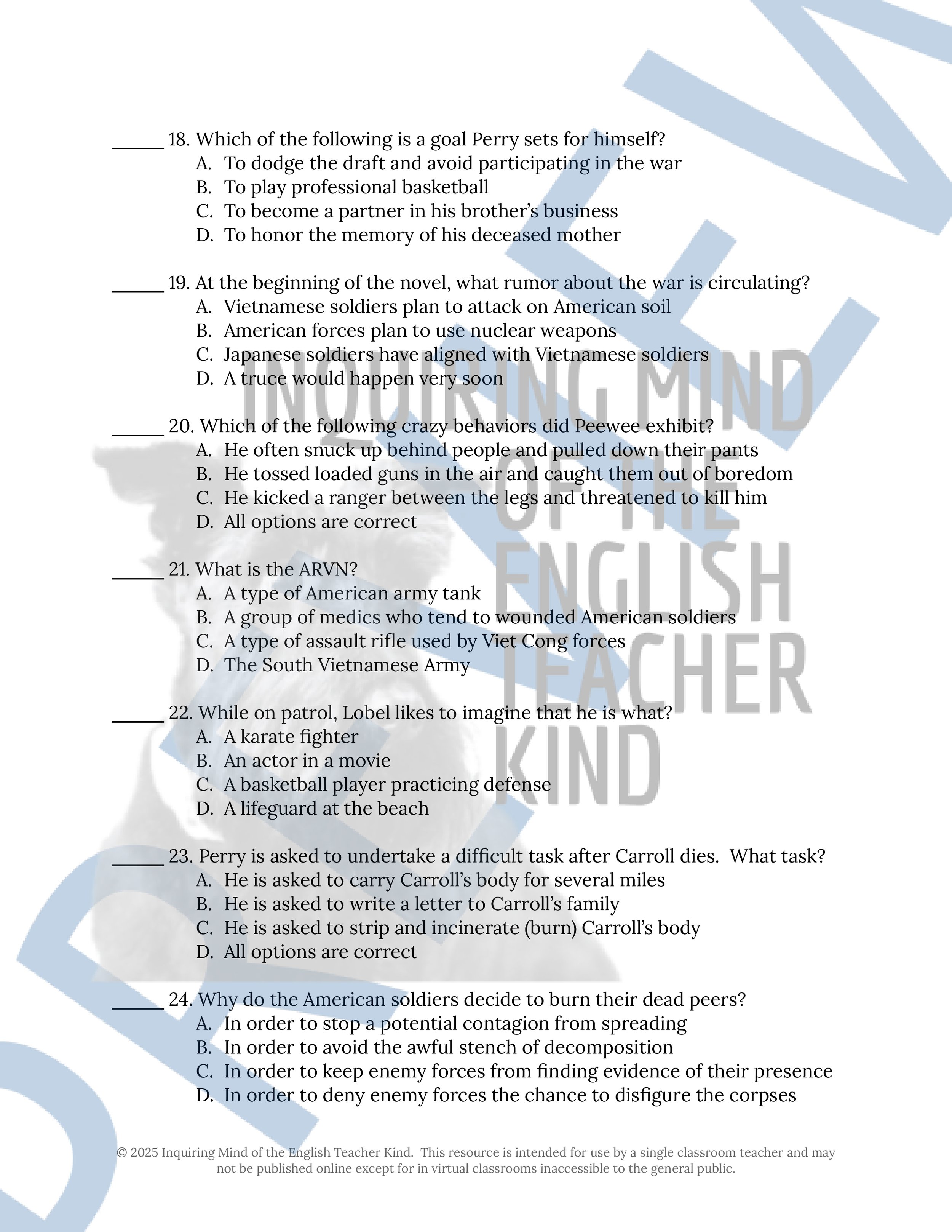 Fallen Angels by Walter Dean Myers Test and Answer Key with a Study Guide for High School English Language Arts from Inquiring Mind of the English Teacher Kind