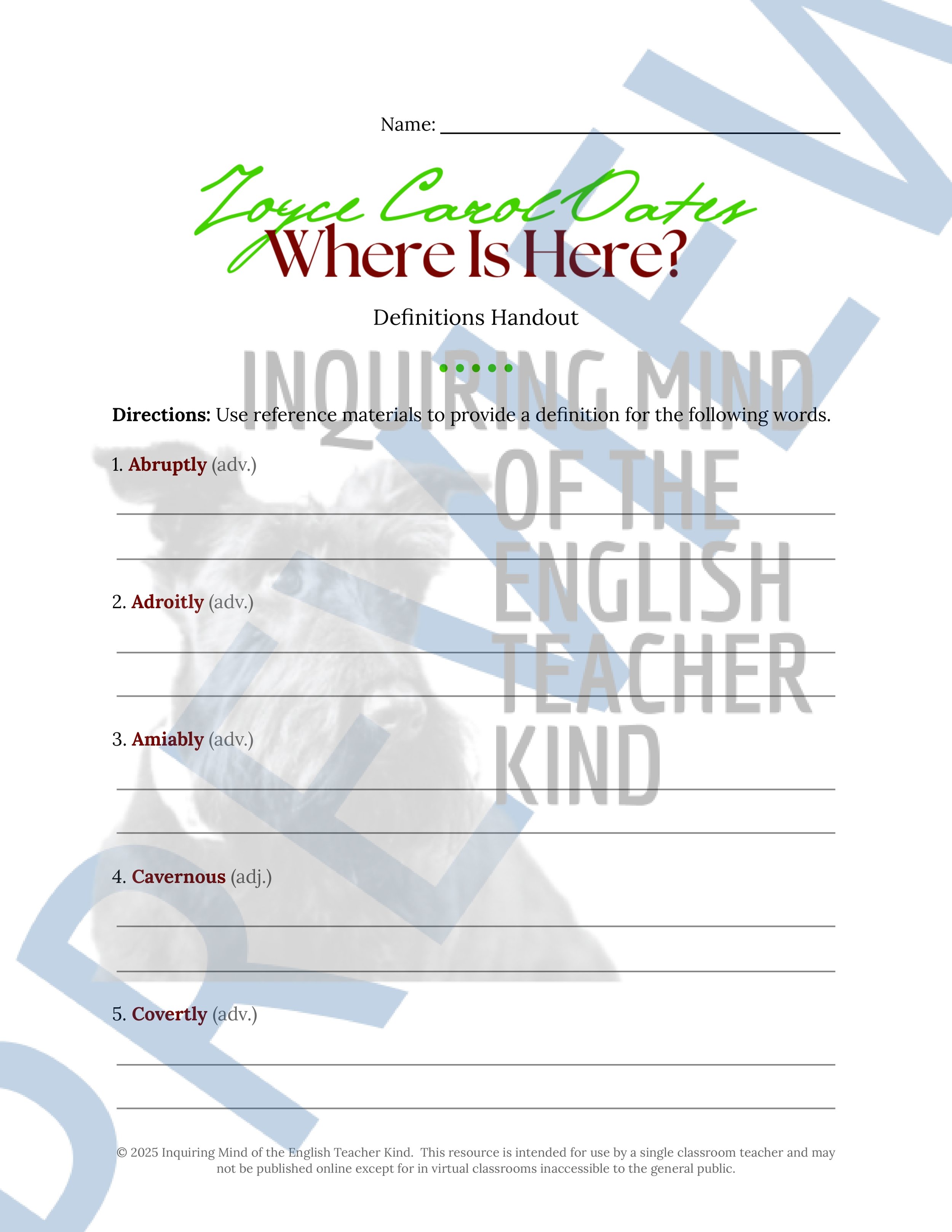 "Where Is Here?" by Joyce Carol Oates Quiz, Close Reading Analysis Worksheet, Vocabulary Activities, and Answer Keys for High School from Inquiring Mind of the English Teacher Kind