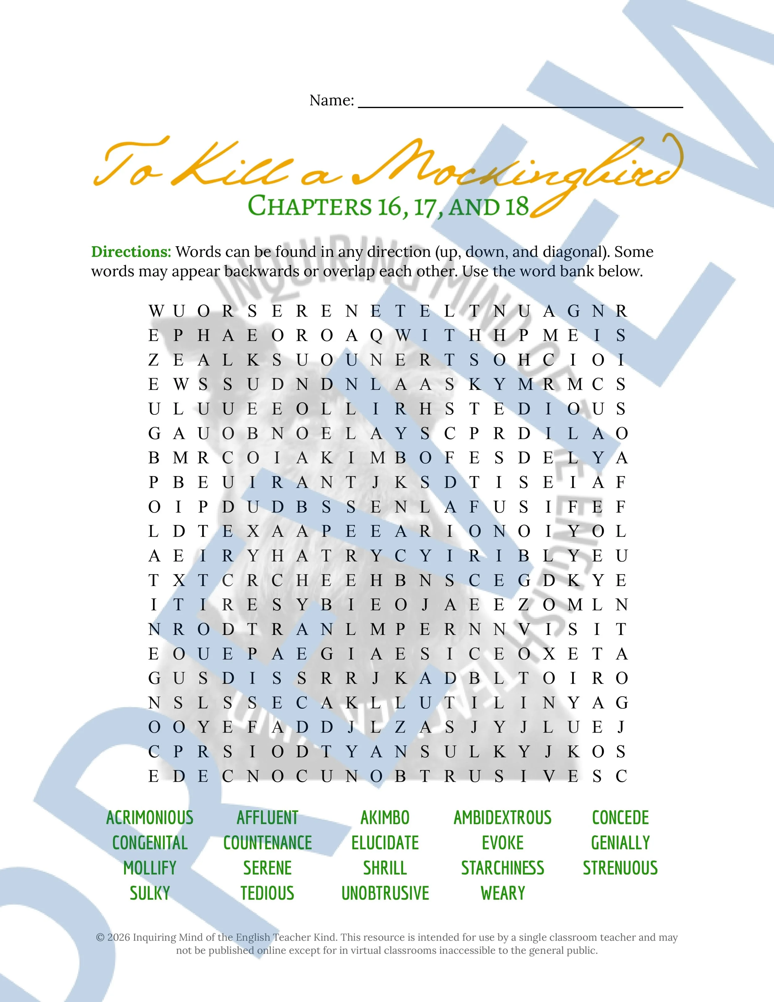 To Kill a Mockingbird Chapters 16, 17, and 18 Vocabulary Worksheet, Crossword Puzzle, and Word Search Game for High School ELA (5).jpg