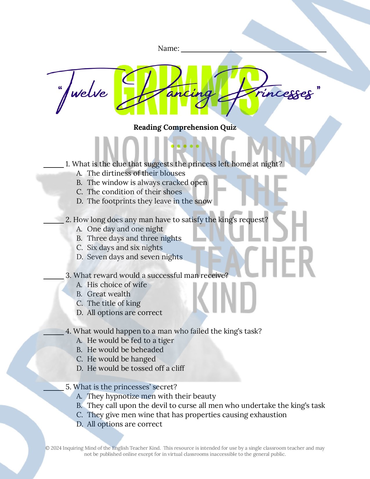 "The Twelve Dancing Princesses" Quiz, Close Reading Activity, and Vocabulary Games (Grimm's Fairy Tale)