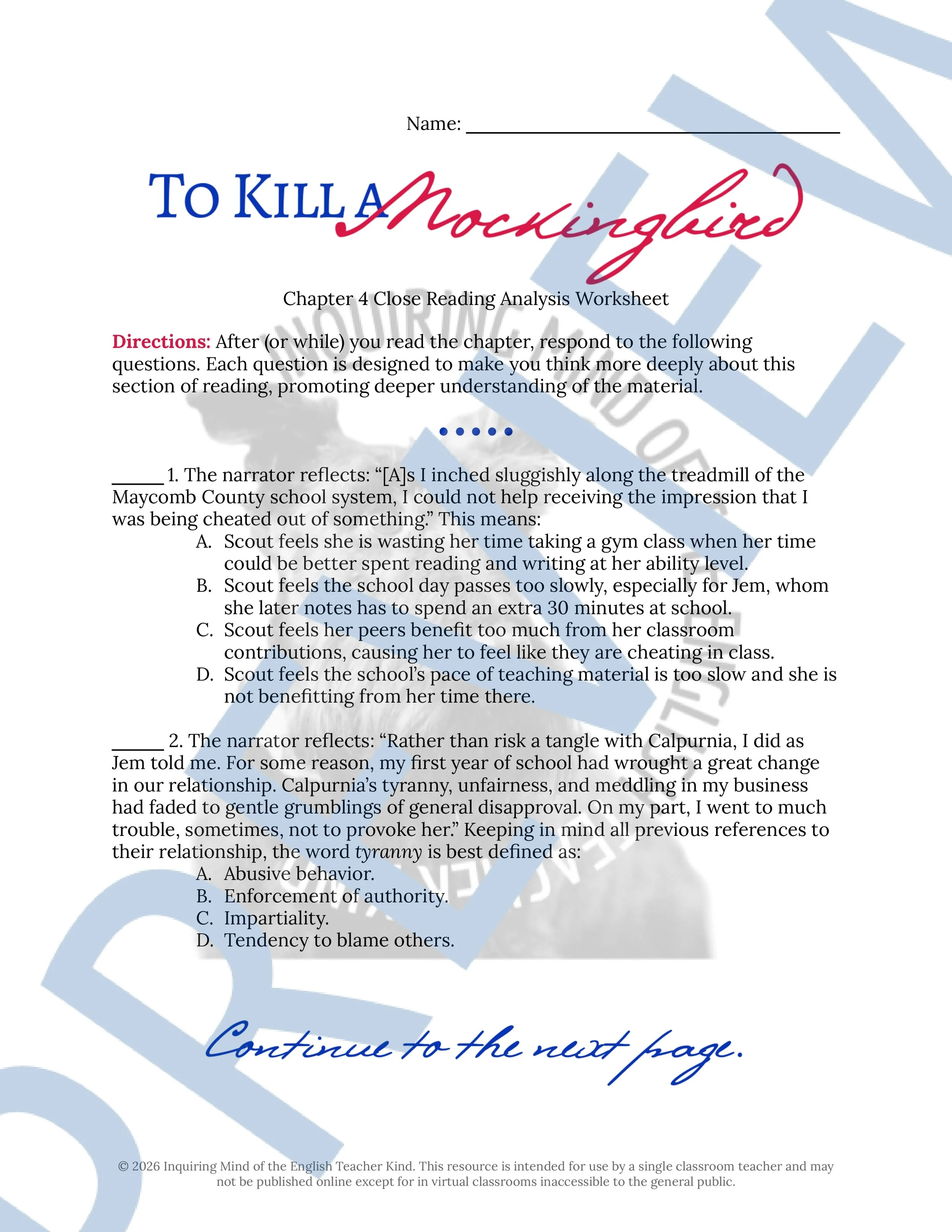 To Kill a Mockingbird Chapter 4 Close Reading Analysis Worksheet and Answer Key for High School American Literature Classes (1).jpg