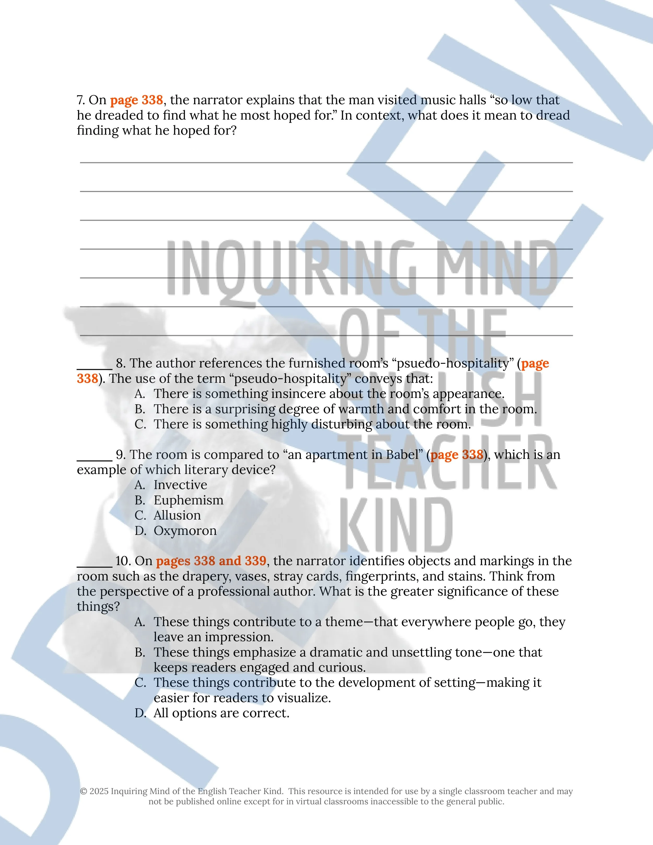 "The Furnished Room" by O. Henry Quiz, Literary Analysis Worksheet, and Vocabulary Activities for High School from Inquiring Mind of the English Teacher Kind