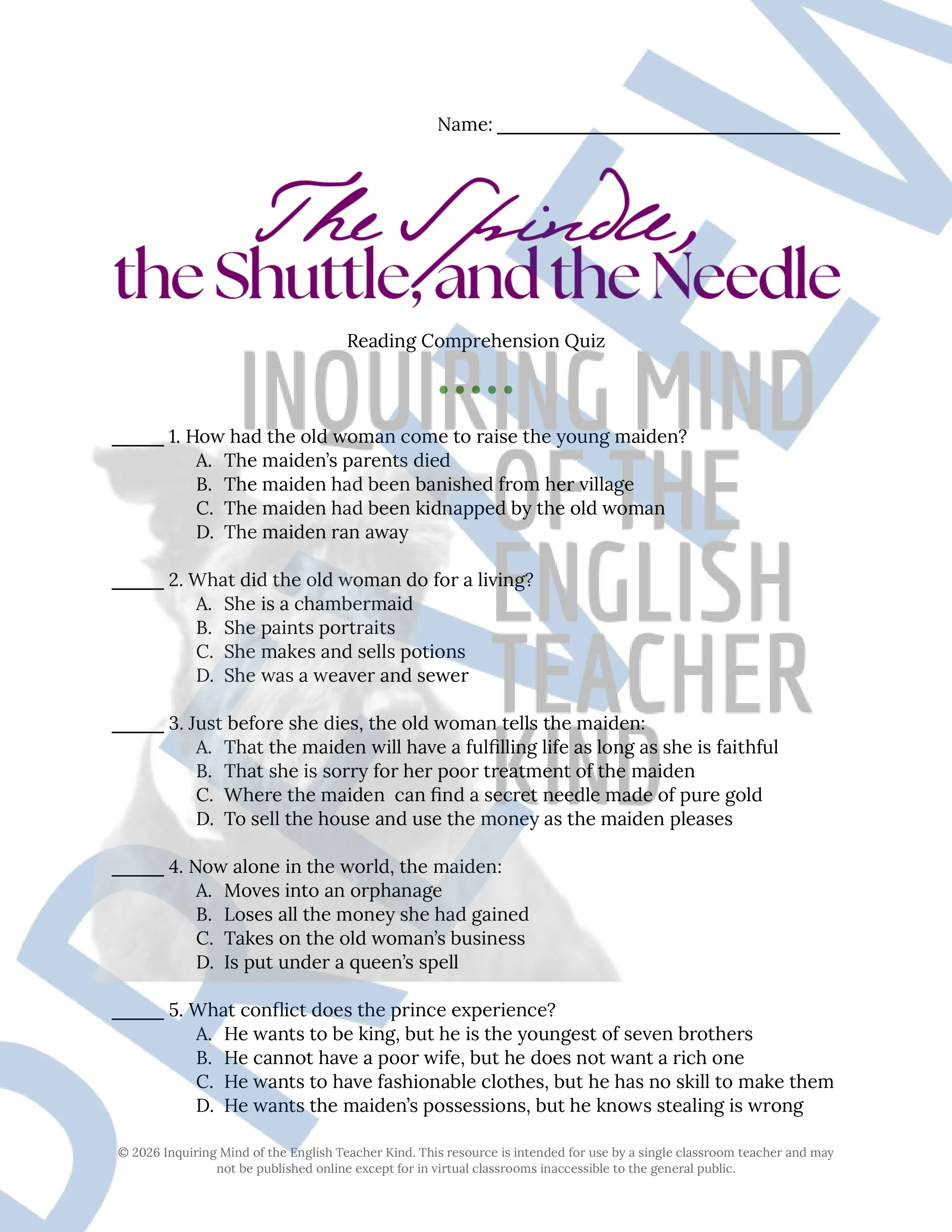 The Spindle the Shuttle and the Needle Grimm's Fairy Tale Quiz and Answer Key (1).jpg