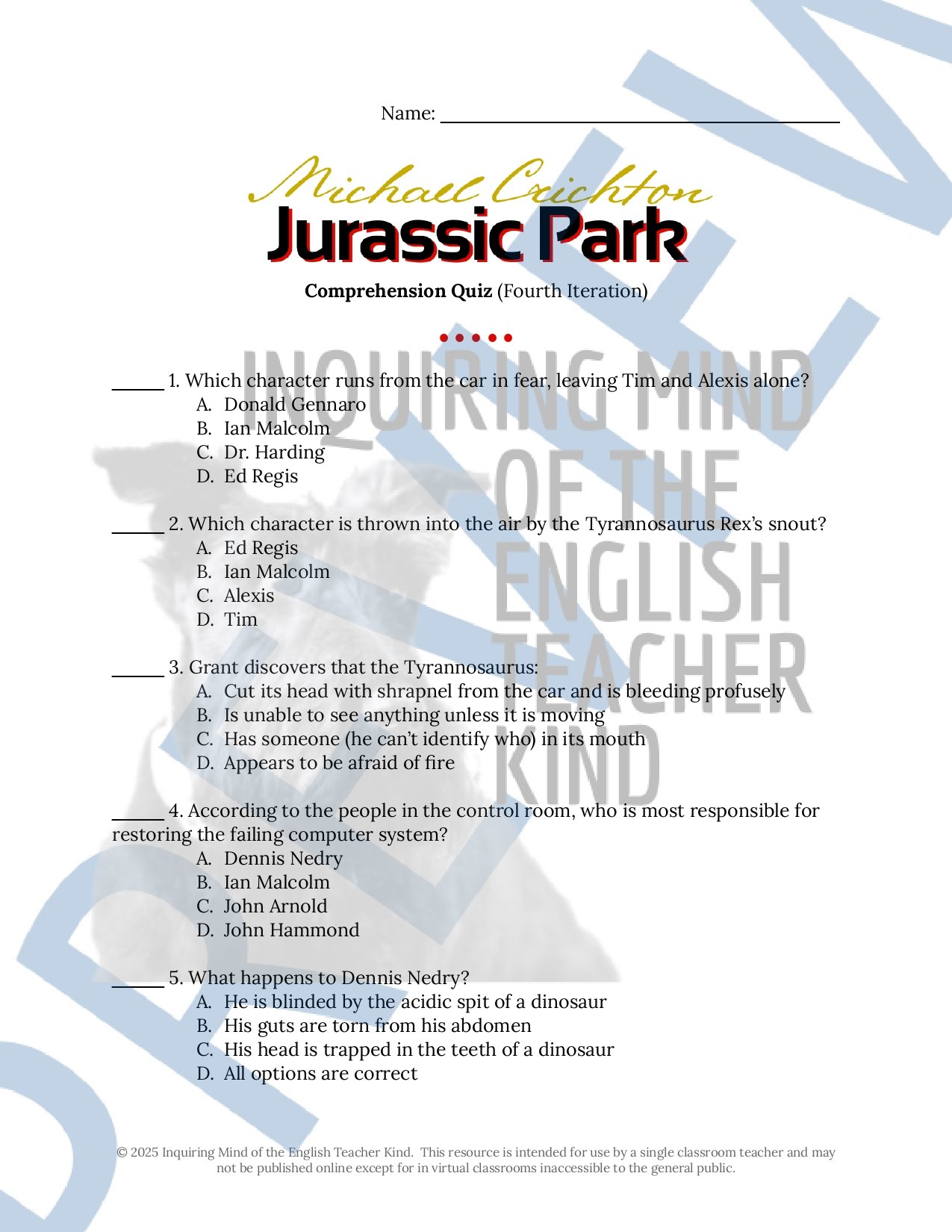 Jurassic Park by Michael Crichton Quizzes, Close Reading Analysis Worksheets, Vocabulary Games, Research Project, Test, and Answer Keys for High School from Inquiring Mind of the English Teacher Kind