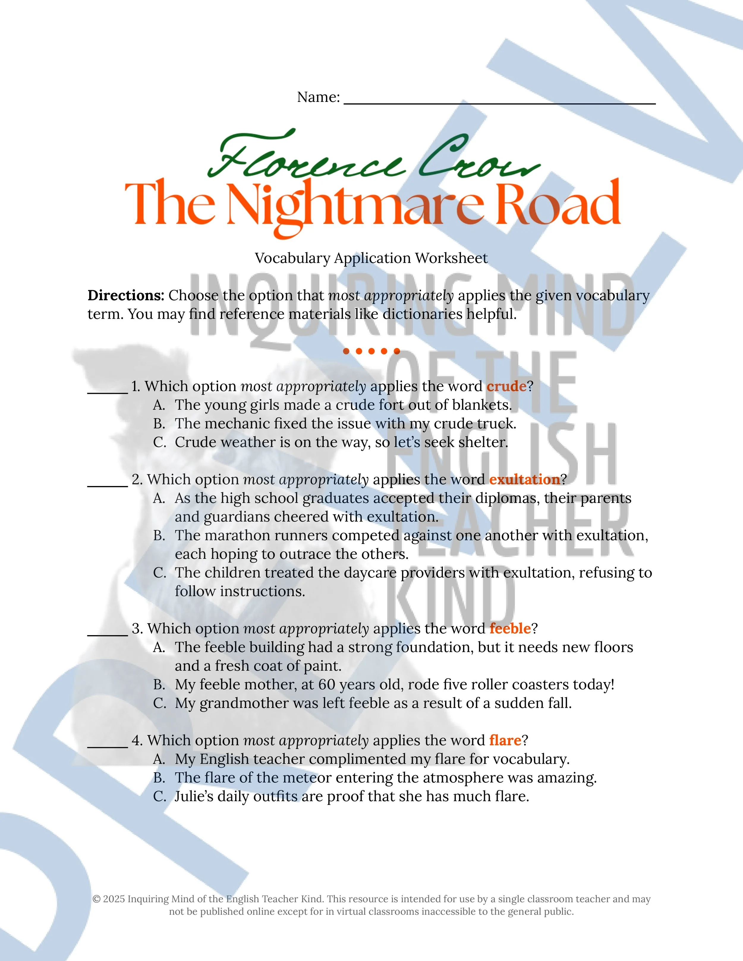 "The Nightmare Road" by Florence Crow Quiz, Analysis Activity, Vocabulary Games, and Halloween Short Story from Inquiring Mind of the English Teacher Kind