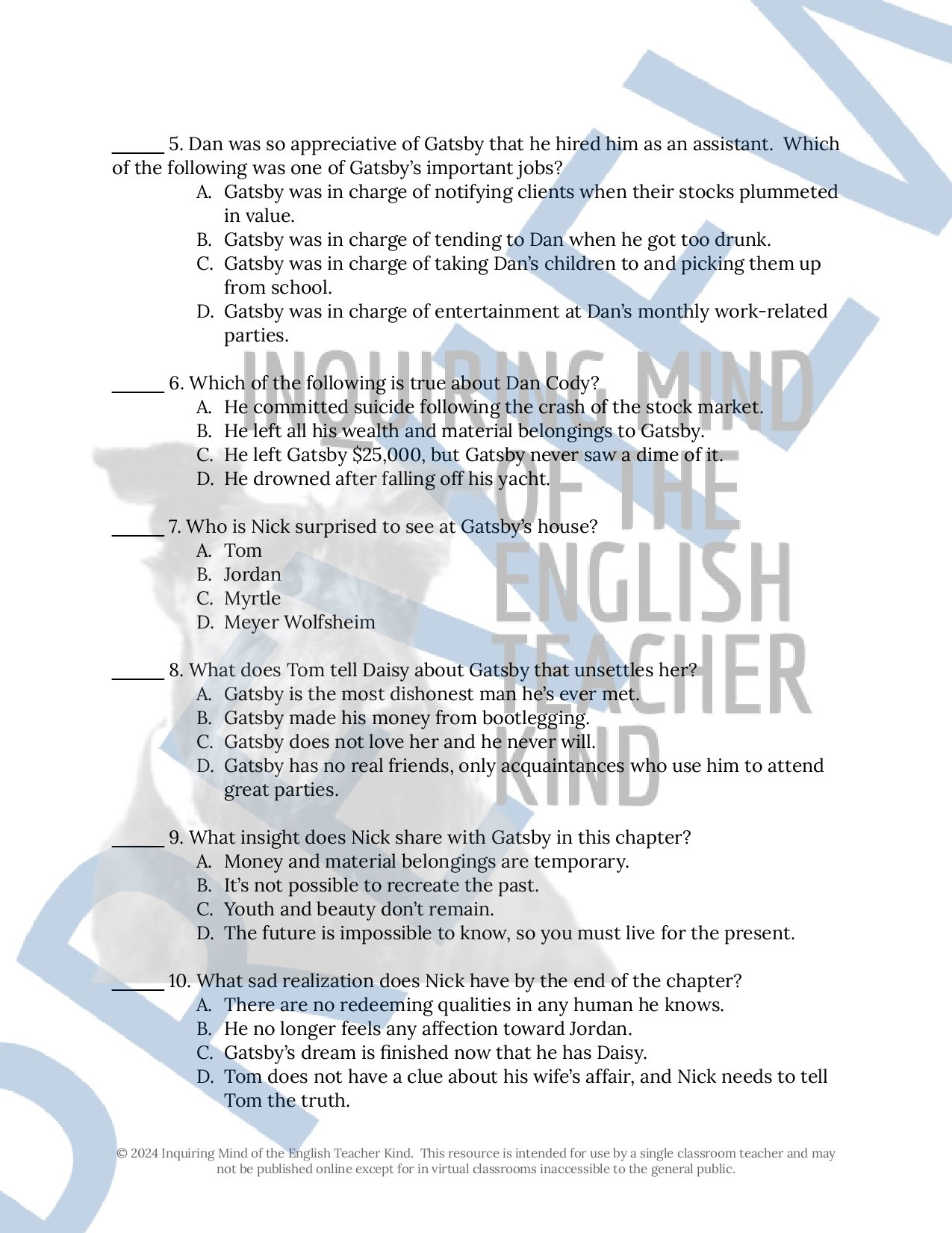 The Great Gatsby by F. Scott Fitzgerald Chapter 6 Quiz, Inference Worksheet, and Vocabulary Games for High School