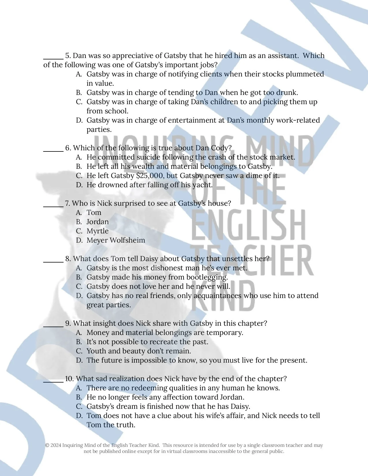 The Great Gatsby by F. Scott Fitzgerald Chapter 6 Quiz, Inference Worksheet, and Vocabulary