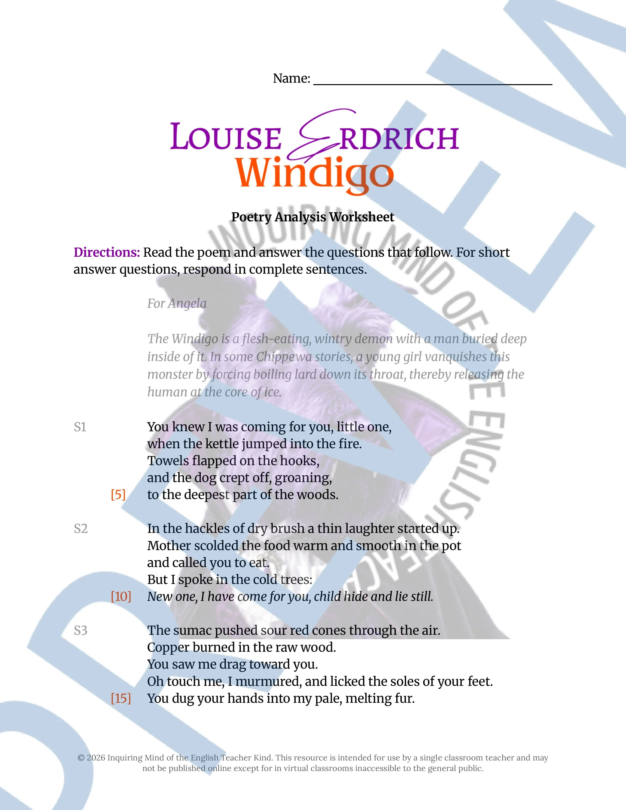 Windigo by Louise Erdrich Poetry Analysis Worksheet and Answer Key for High School ELA and Halloween (1).jpg