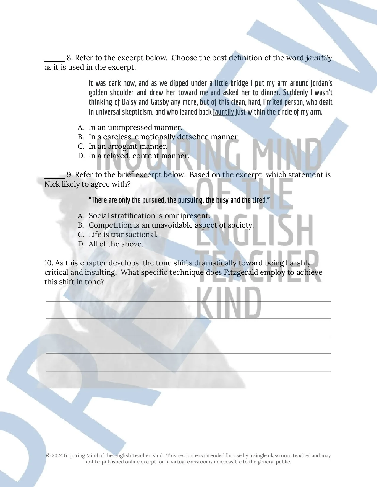The Great Gatsby by F. Scott Fitzgerald Close Reading Analysis ...