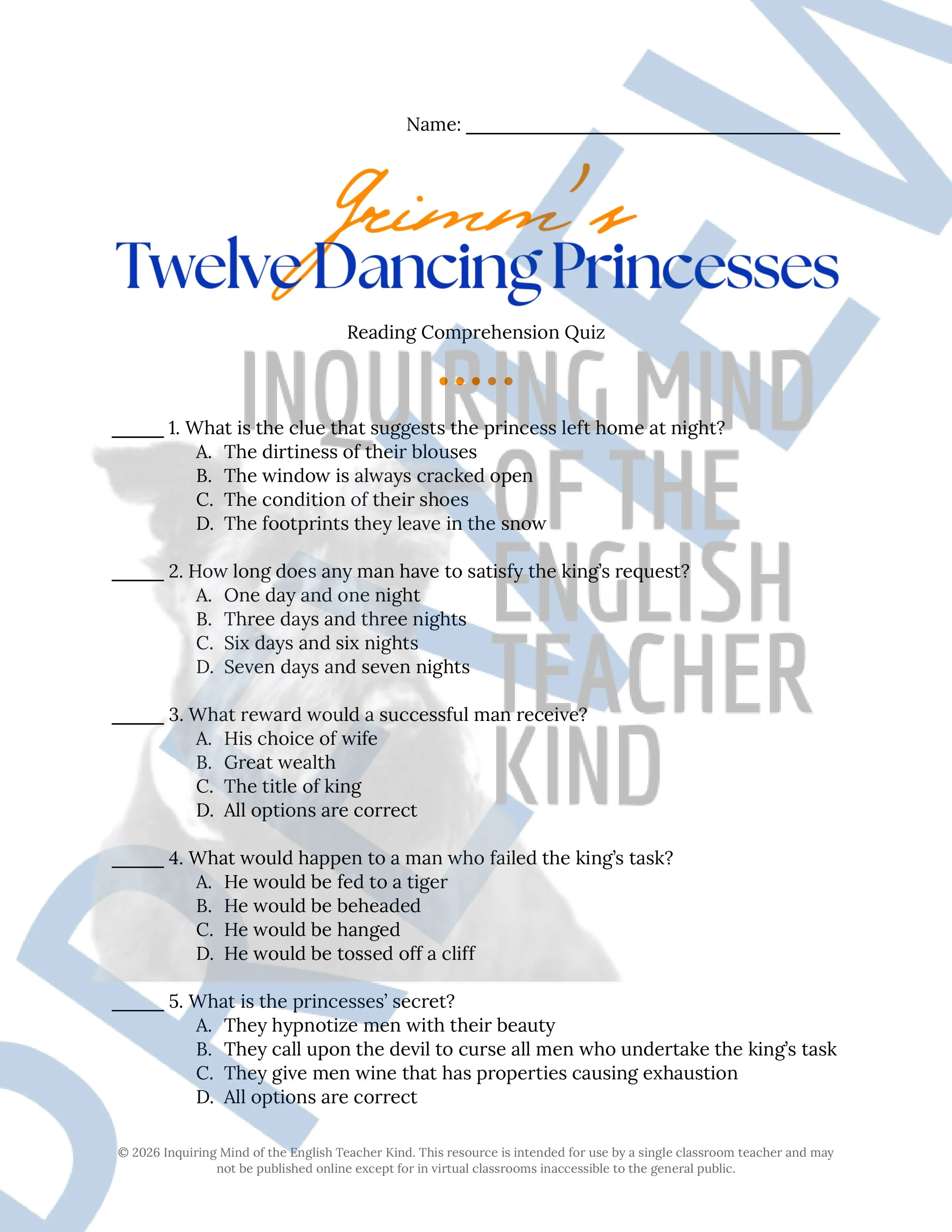 Twelve Dancing Princesses Quiz and Answer Key - Brothers Grimm Fairy Tale (1).jpg