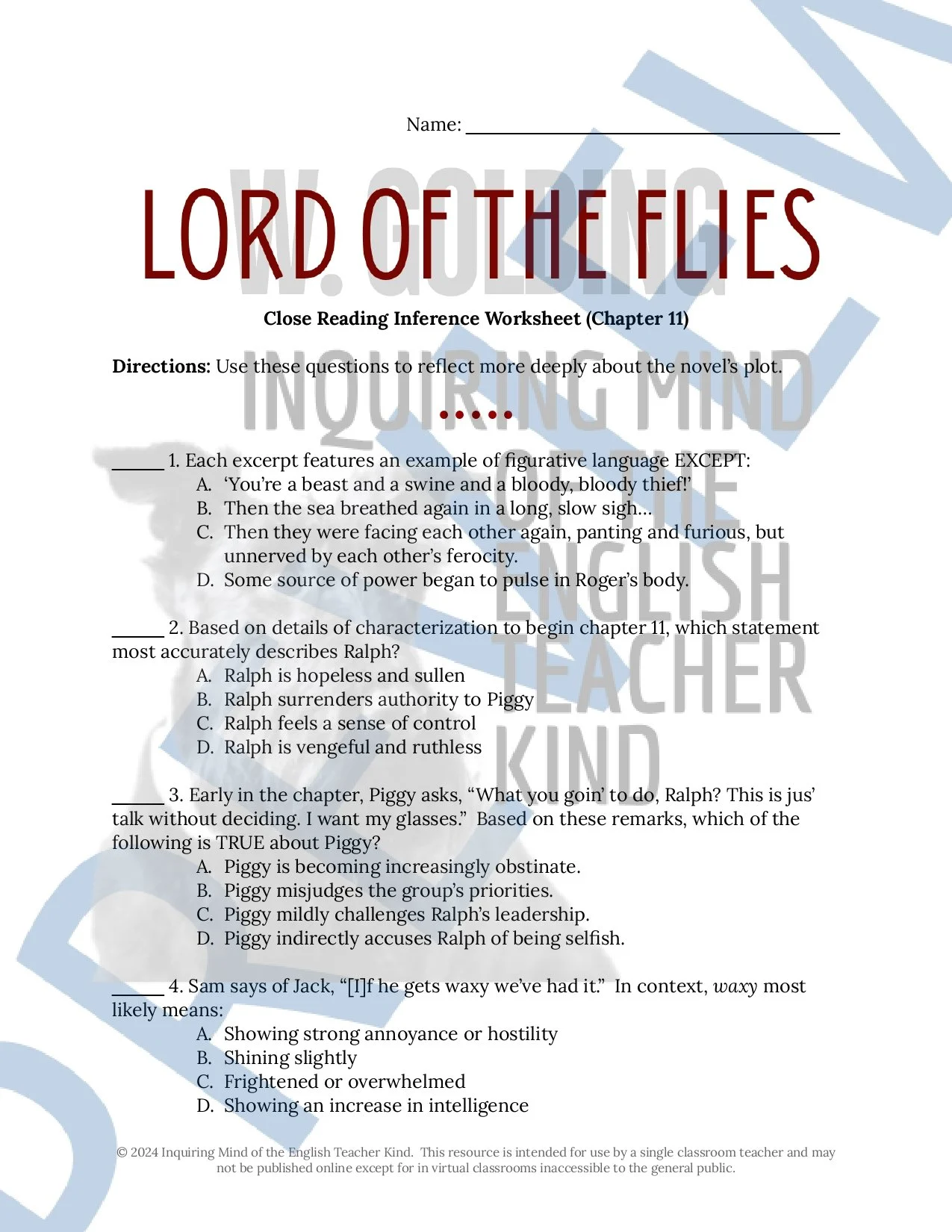 Lord of the Flies Chapter 11 Quiz, Inference Worksheet, and Vocabulary Games for High School English Language Arts