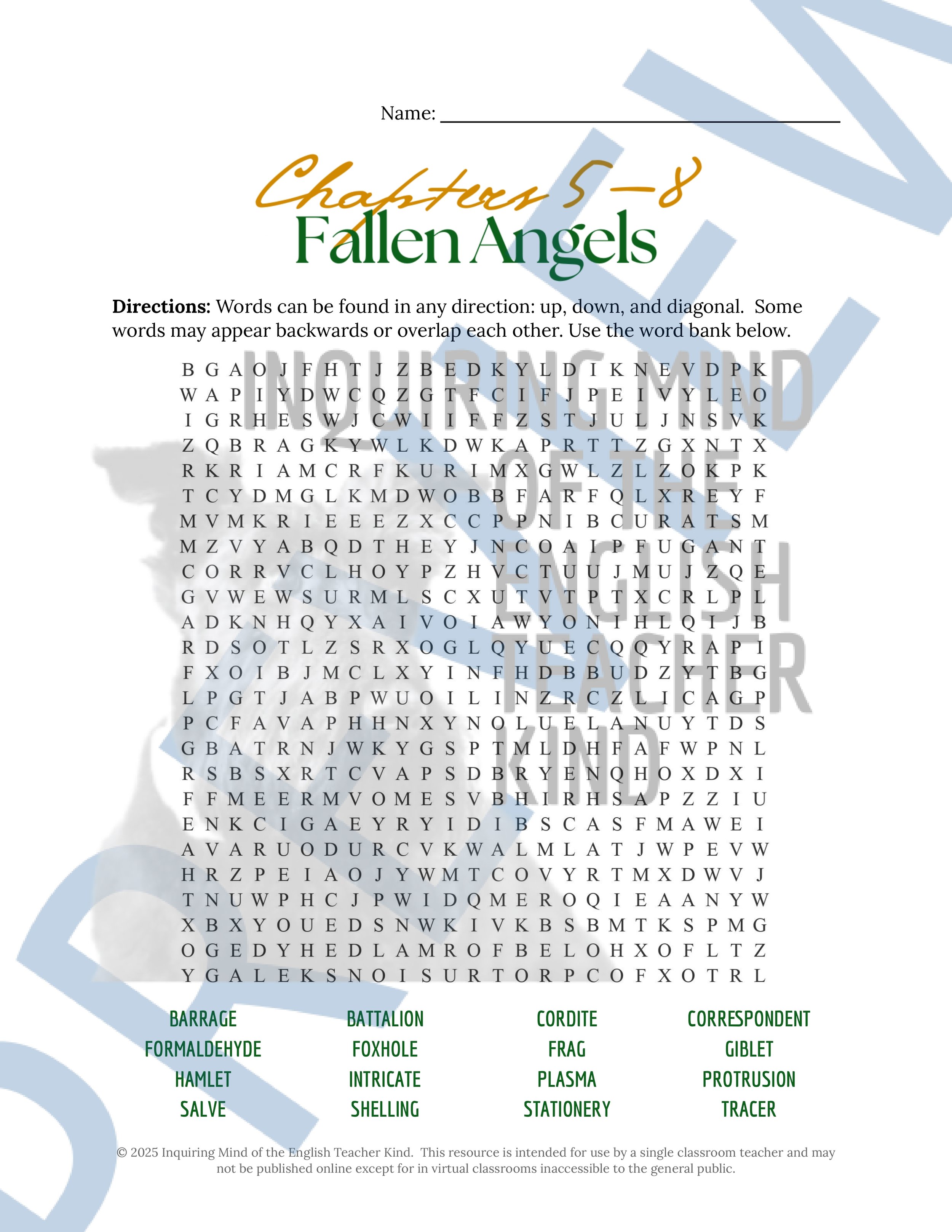 Fallen Angels by Walter Dean Myers Vocabulary Activities Bundle for High School from Inquiring Mind of the English Teacher Kind