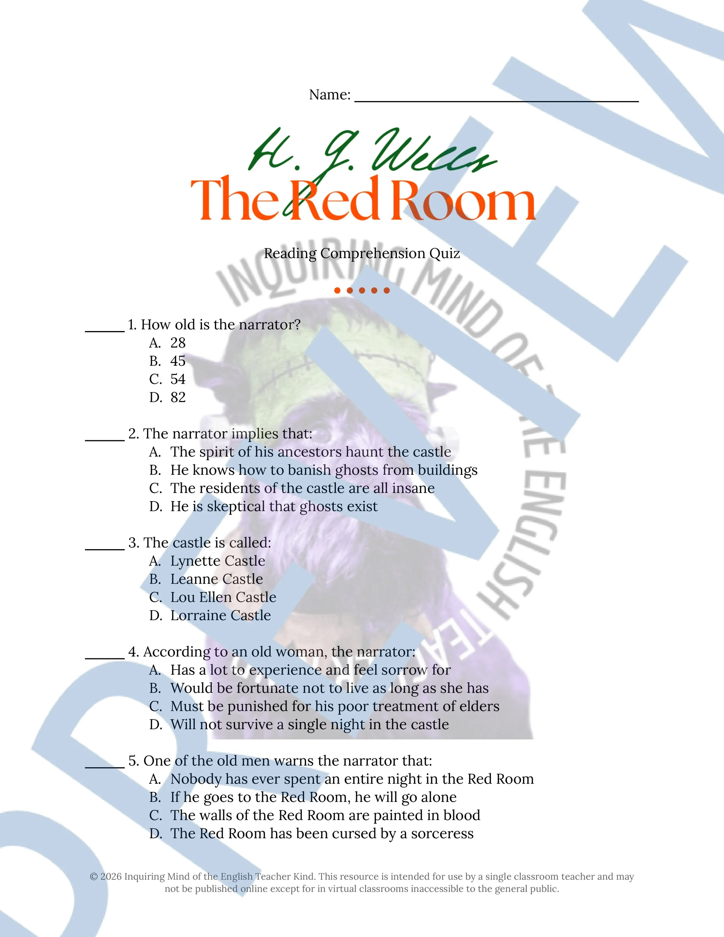 The Red Room by H.G. Wells Quiz and Answer Key - High School Short Story Assessment for the Halloween Season (1).jpg
