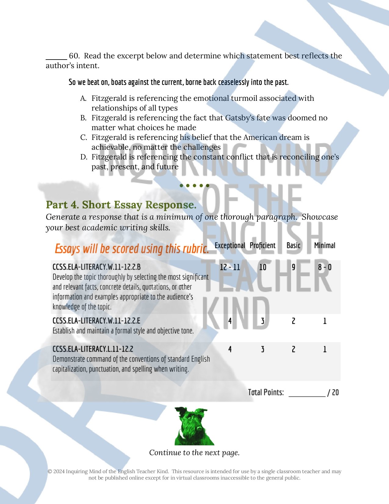 The Great Gatsby by F. Scott Fitzgerald Test, Answer Key, and Study Guide for High School