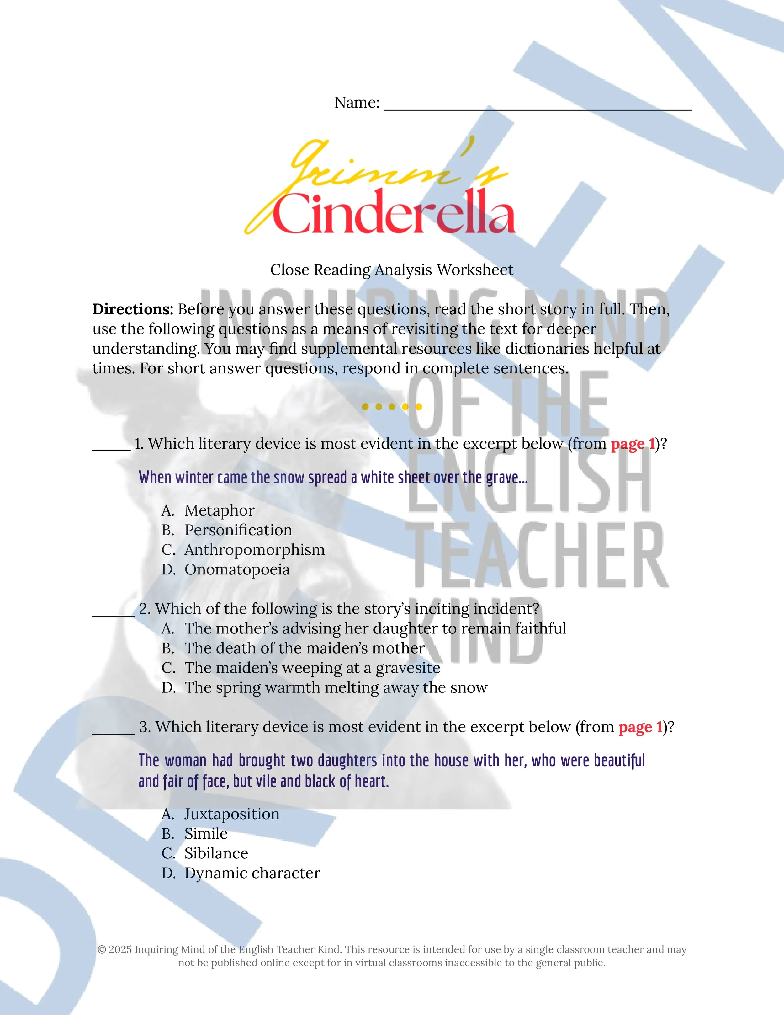 Cinderella Grimm's Fairy Tale Close Reading Analysis Worksheet from Inquiring Mind of the English Teacher Kind (1).jpg