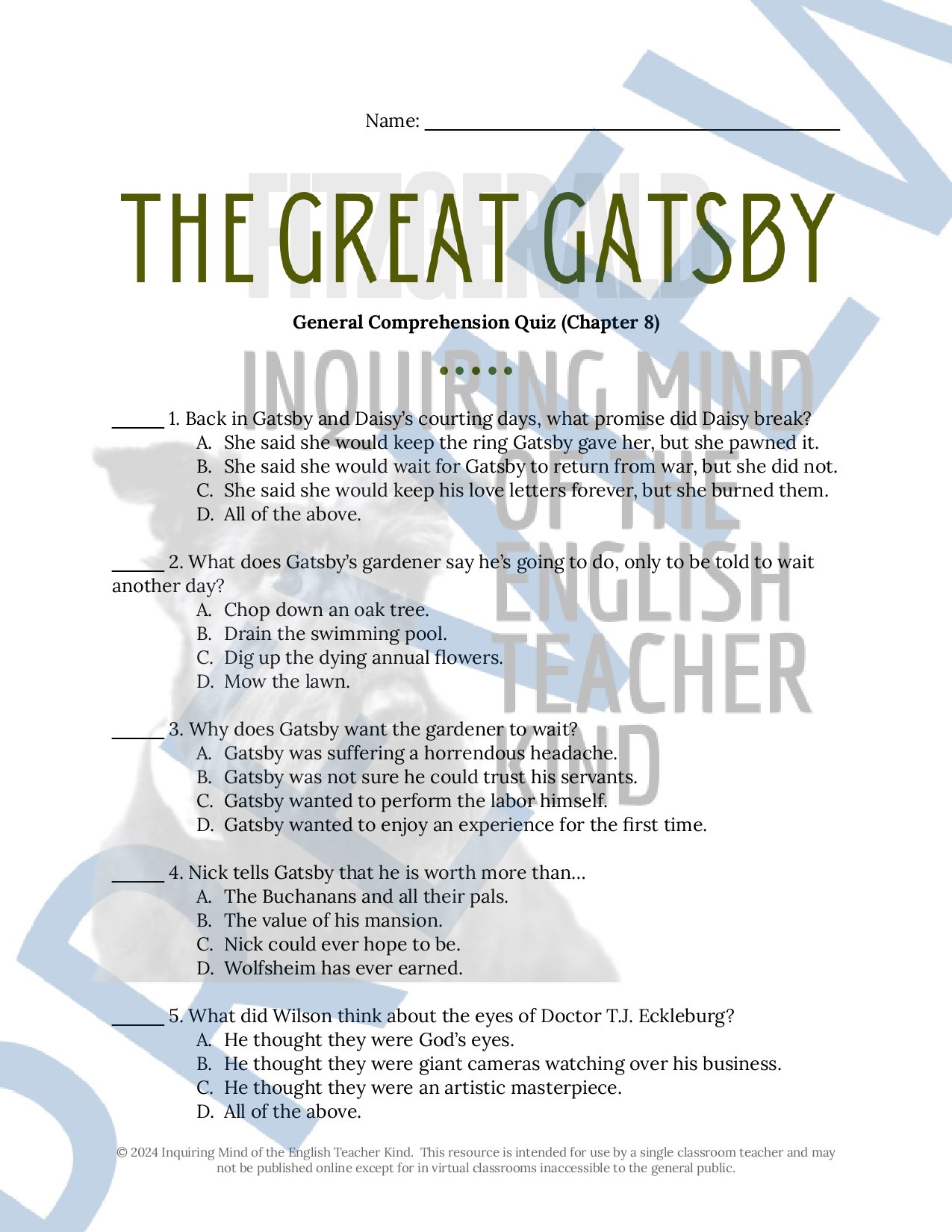 The Great Gatsby by F. Scott Fitzgerald Chapter 8 Quiz, Inference Worksheet, and Vocabulary Games for High School