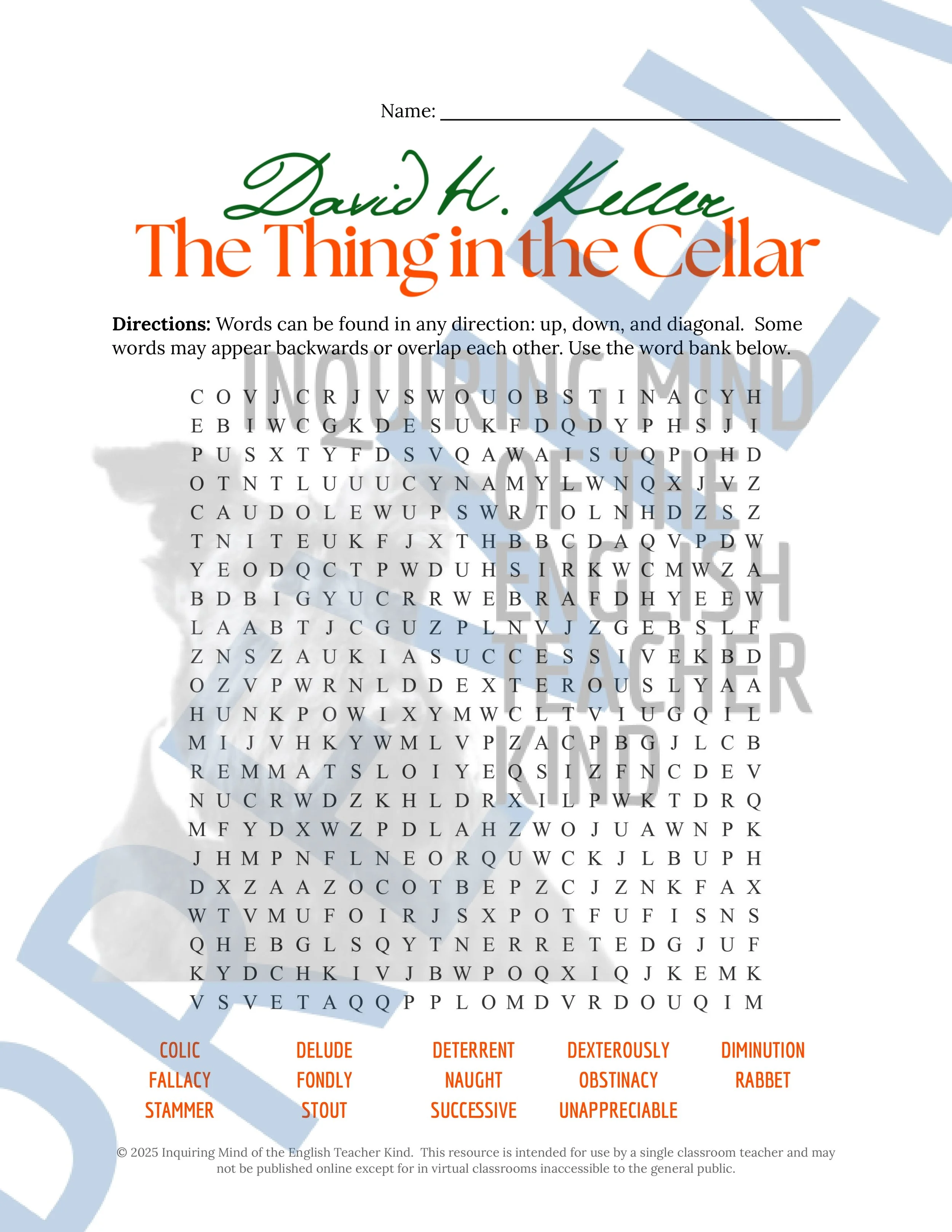 "Thing in the Cellar" by David H. Keller Quiz, Literary Analysis Worksheet, Vocabulary Games, and Horror Story for Halloween from Inquiring Mind of the English Teacher Kind