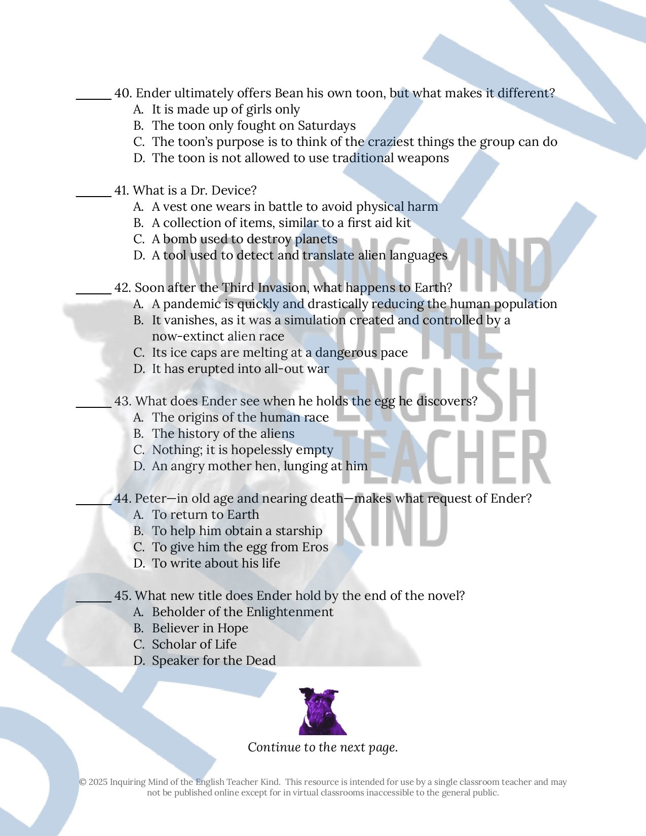 Ender's Game Bundle of Quizzes, Worksheets, Research Projects, Test, and Answer Keys for High School from Inquiring Mind of the English Teacher Kind