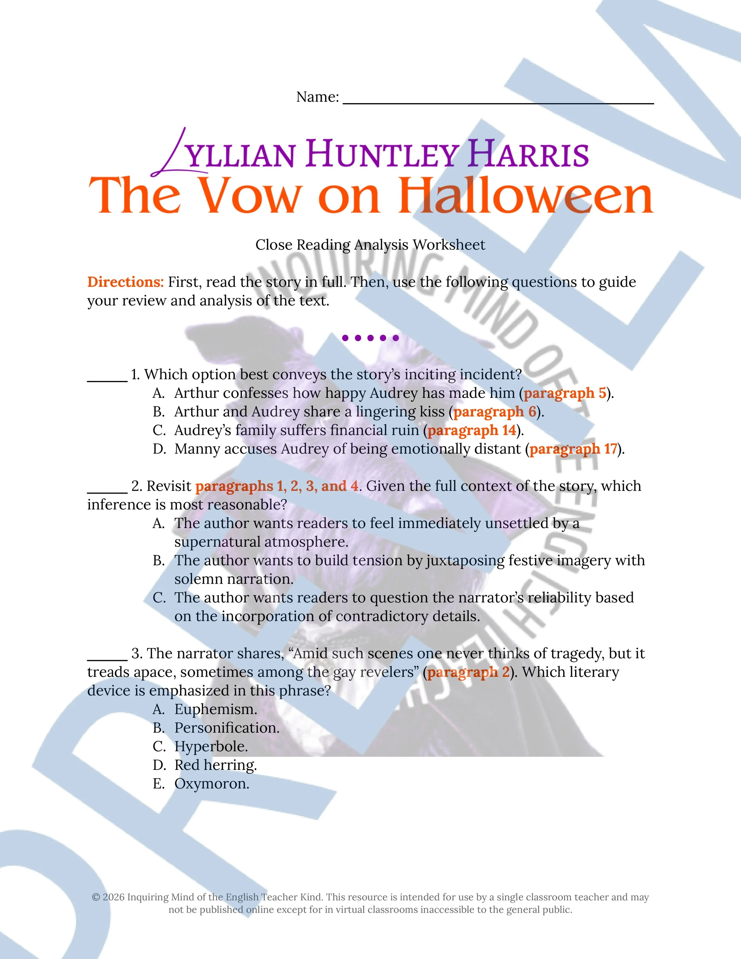 The Vow on Halloween Close Reading Analysis Worksheet (1).jpg