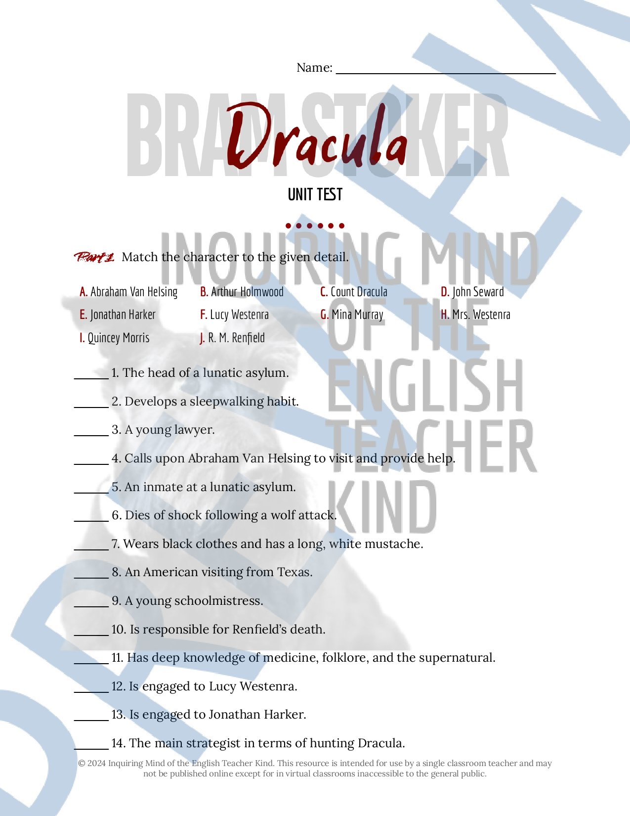 Dracula by Bram Stoker Test and Answer Key with Study Guide for High School