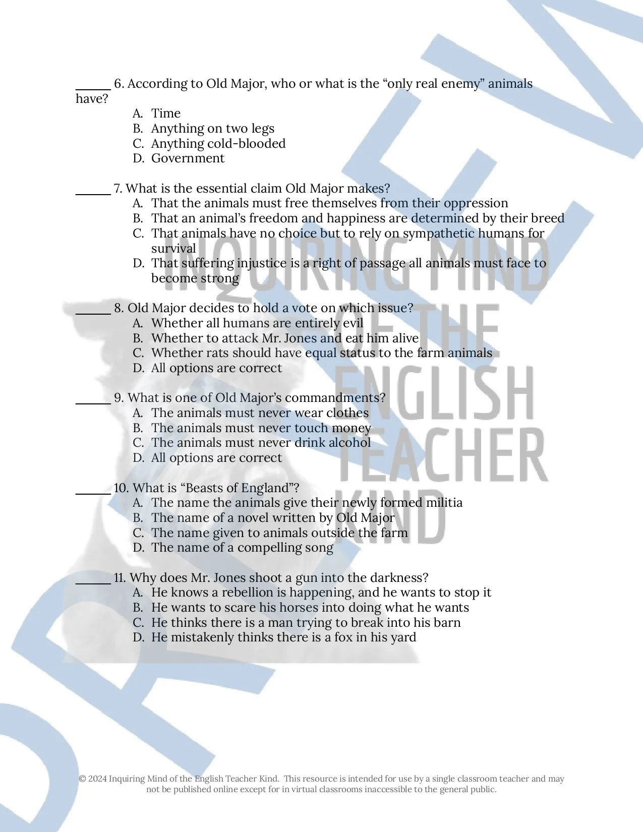 Animal Farm by George Orwell Chapter 1 Quiz, Close Reading Inference Worksheet, Vocabulary Games, and Answer Keys Bundle