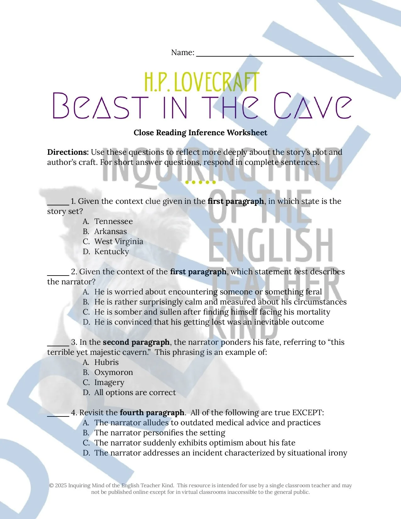 "The Beast in the Cave" by H.P. Lovecraft Quiz, Close Reading Analysis Worksheets, and Vocabulary Games for High School from Inquiring Mind of the English Teacher Kind