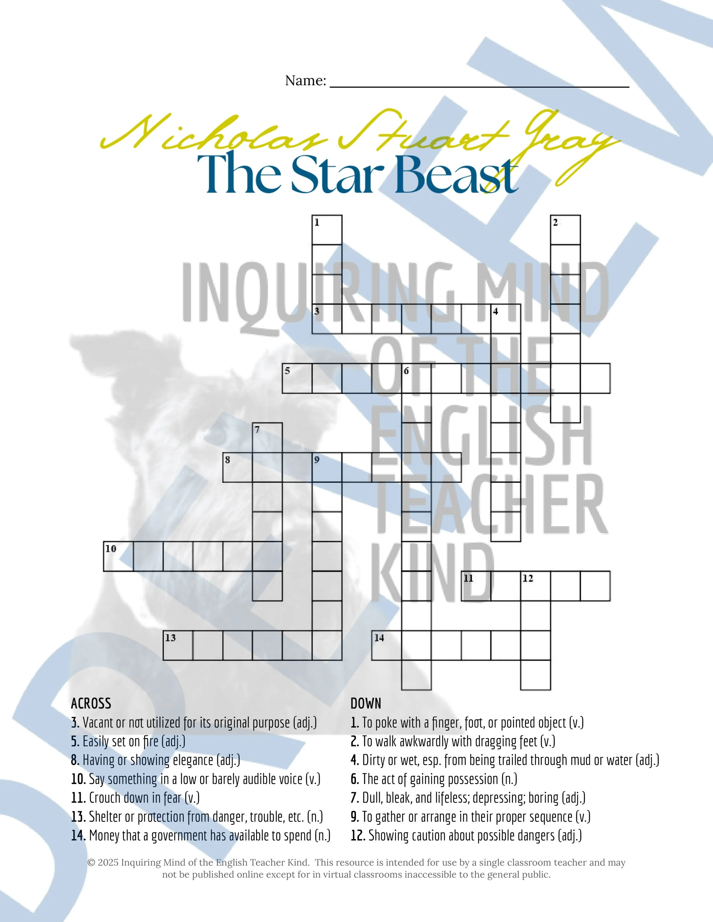 "The Star Beast" by Nicholas Stuart Gray Quiz, Close Reading Analysis Worksheet, Vocabulary Games, and Answer Keys for High School from Inquiring Mind of the English Teacher Kind