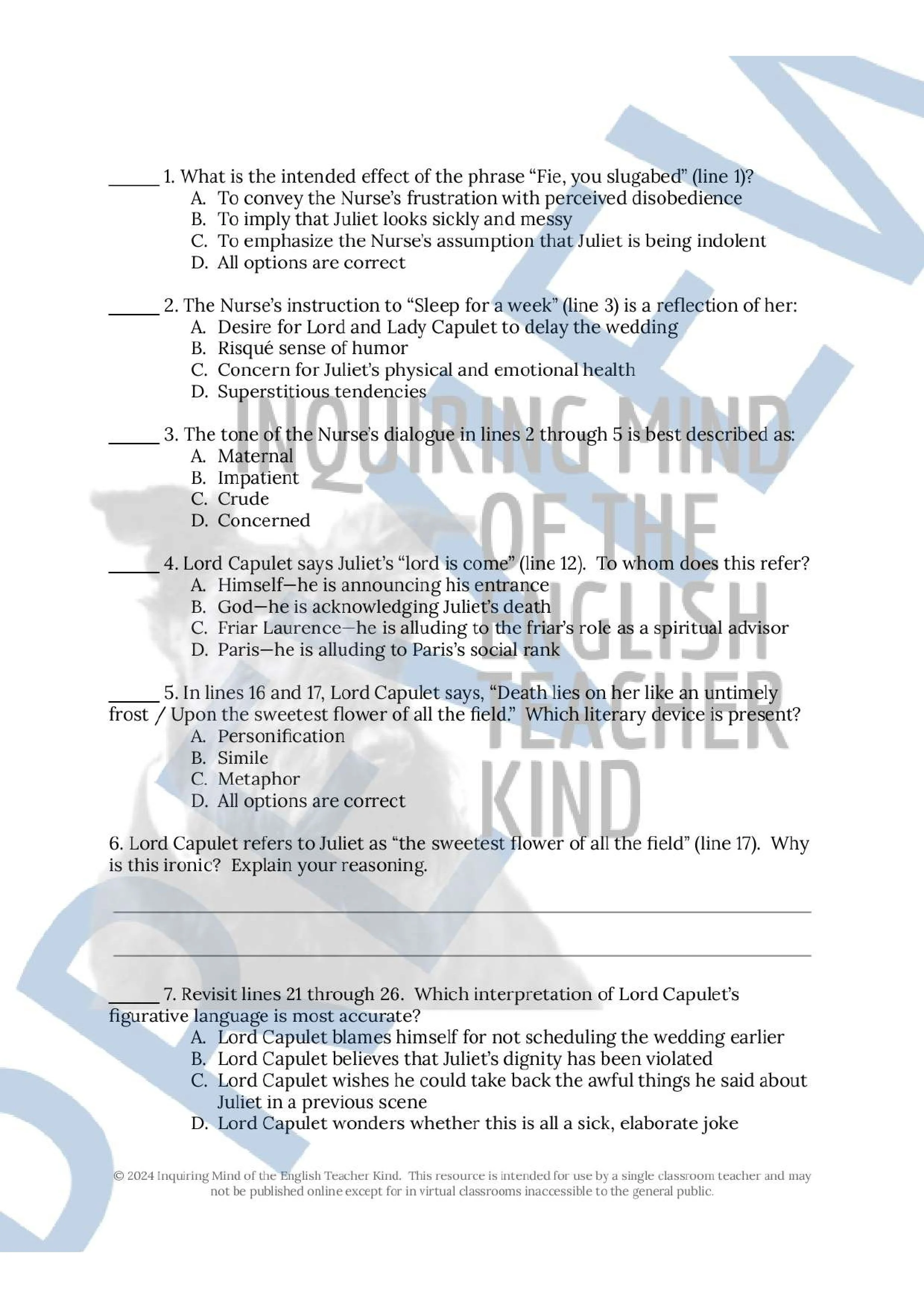 Romeo and Juliet Close Reading Analysis Worksheets and Answer Keys for High School English Language Arts by Inquiring Mind of the English Teacher Kind