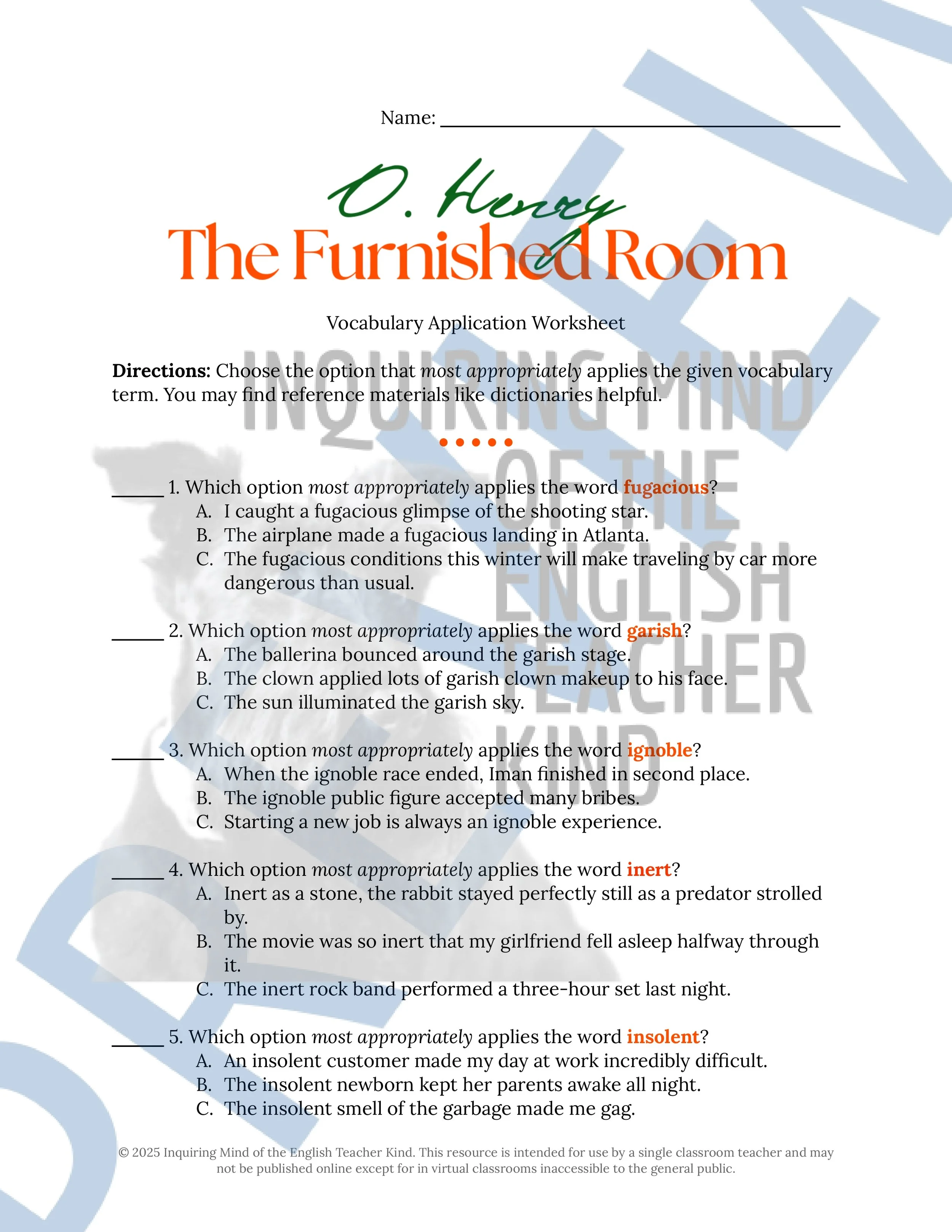 "The Furnished Room" by O. Henry Quiz, Literary Analysis Worksheet, and Vocabulary Activities for High School from Inquiring Mind of the English Teacher Kind
