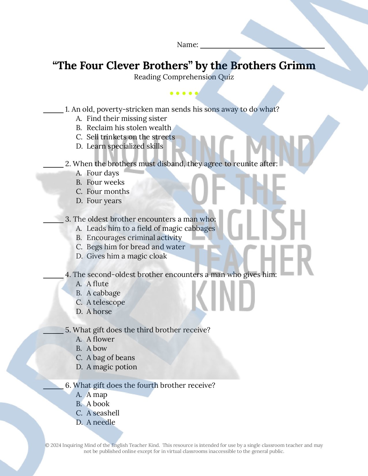 Grimm's The Four Clever Brothers Quiz and Answer Key (1).jpg
