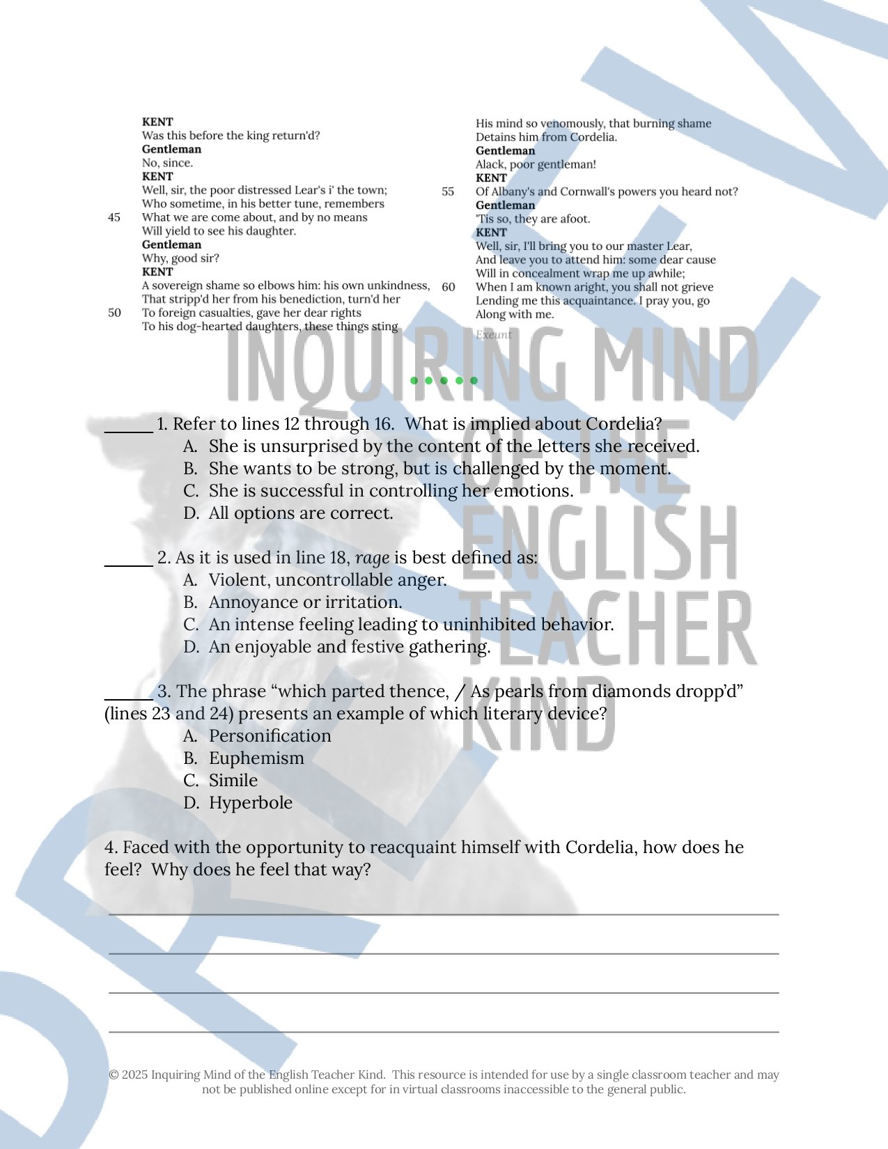 Shakespeare's King Lear Quizzes, Vocabulary Games, Inference Worksheets, Test, and Answer Keys for High School by Inquiring Mind of the English Teacher Kind