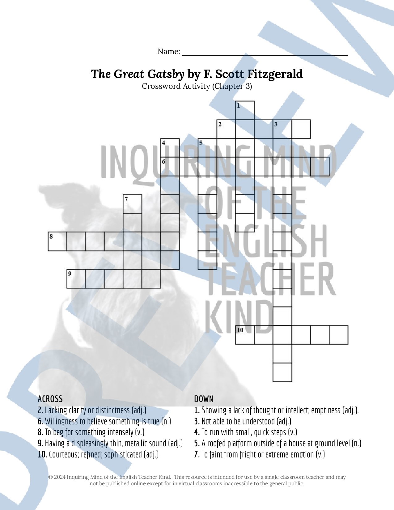 The Great Gatsby by F. Scott Fitzgerald Chapter 3 Quiz, Inference Worksheet, and Vocabulary Games for High School